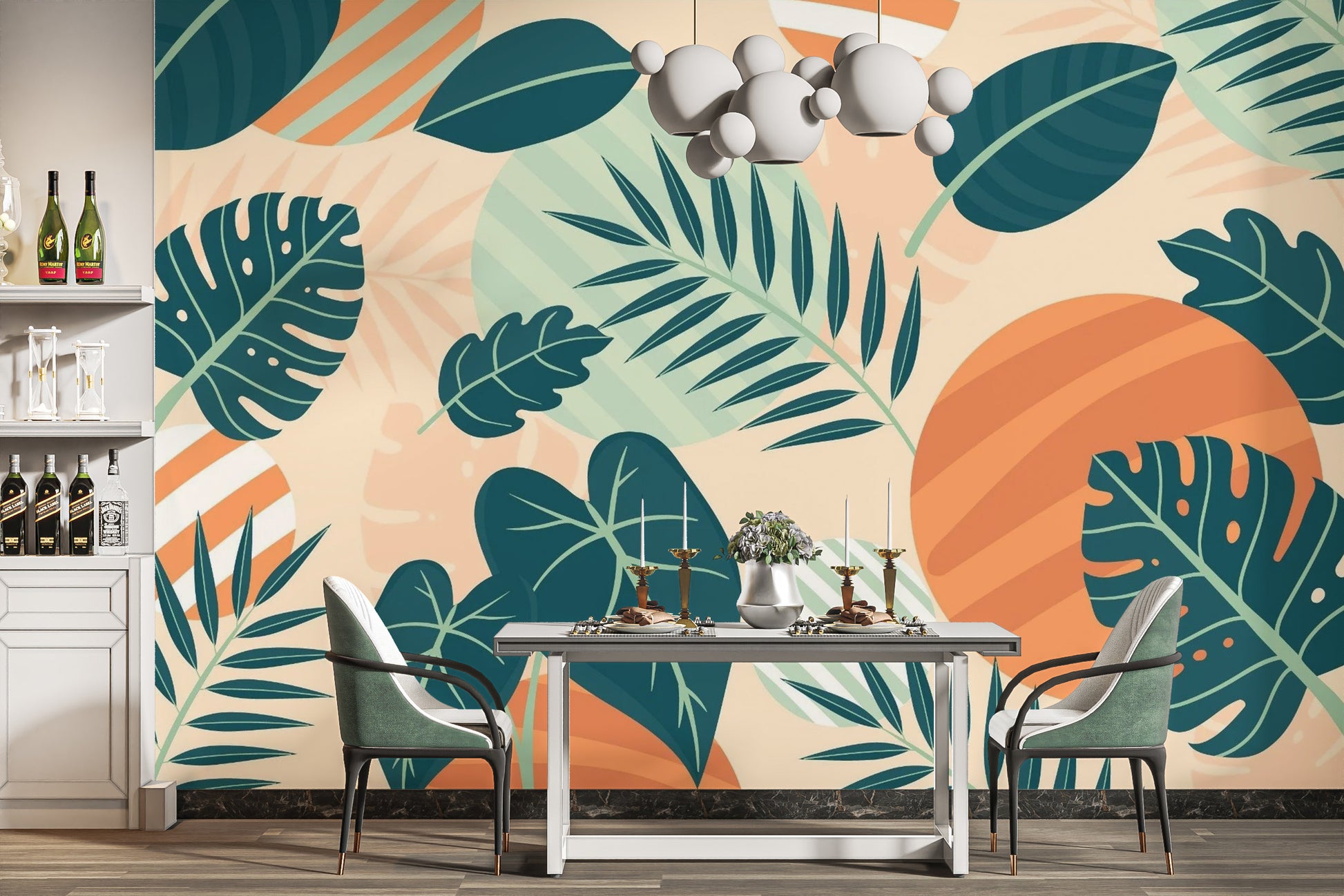 Vibrant Leaves Wall Mural in Green Orange Beige