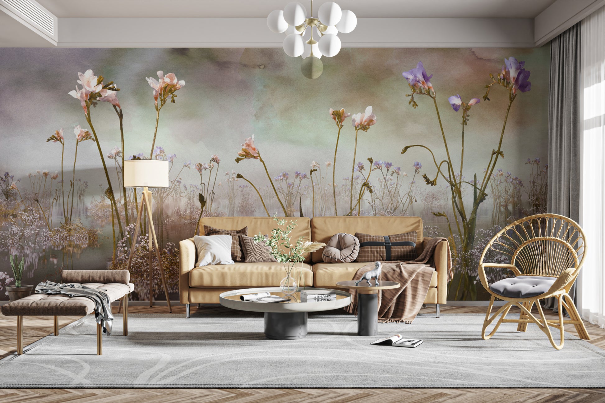 Colorful freesia watercolor wallpaper mural for artistic interiors.