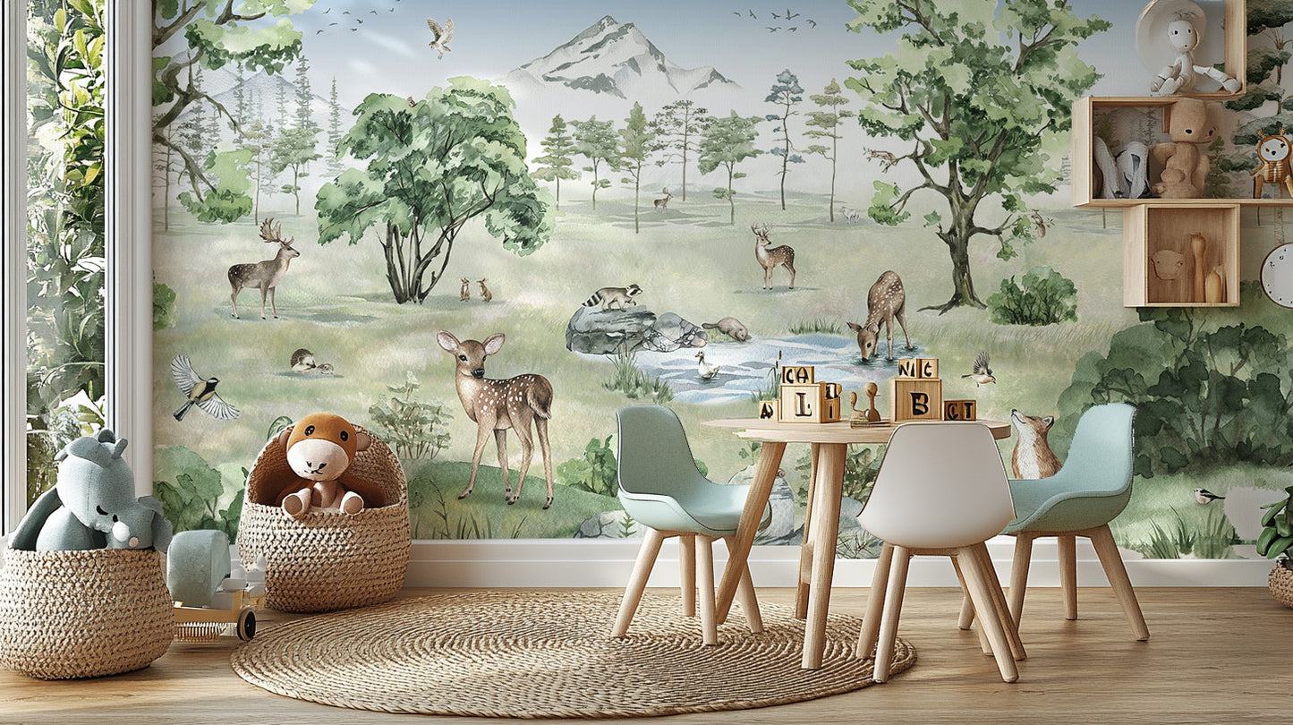 Watercolor Deer Forest summer Animals Wallpaper