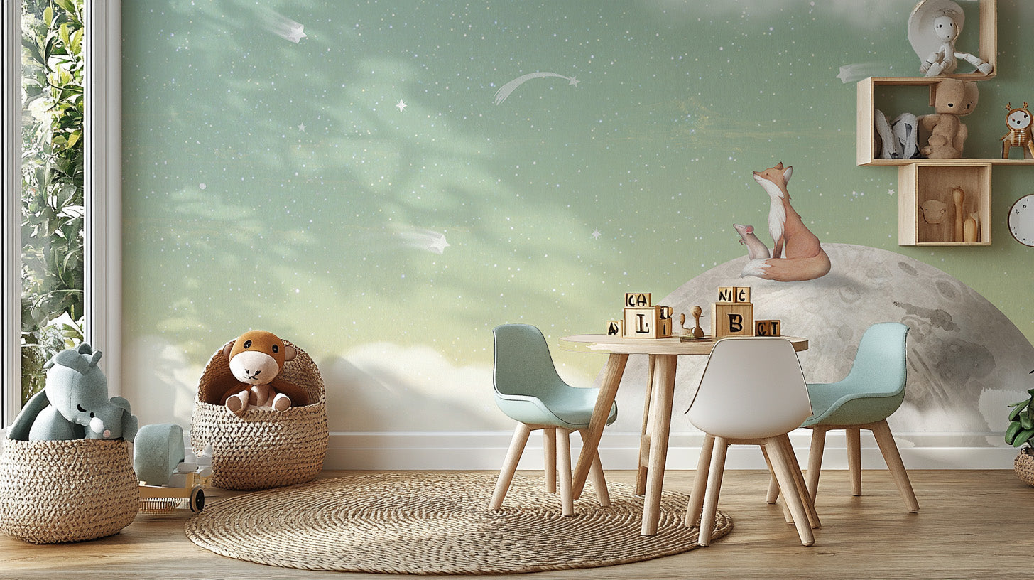 Magical fox on the moon green mural for kids decor