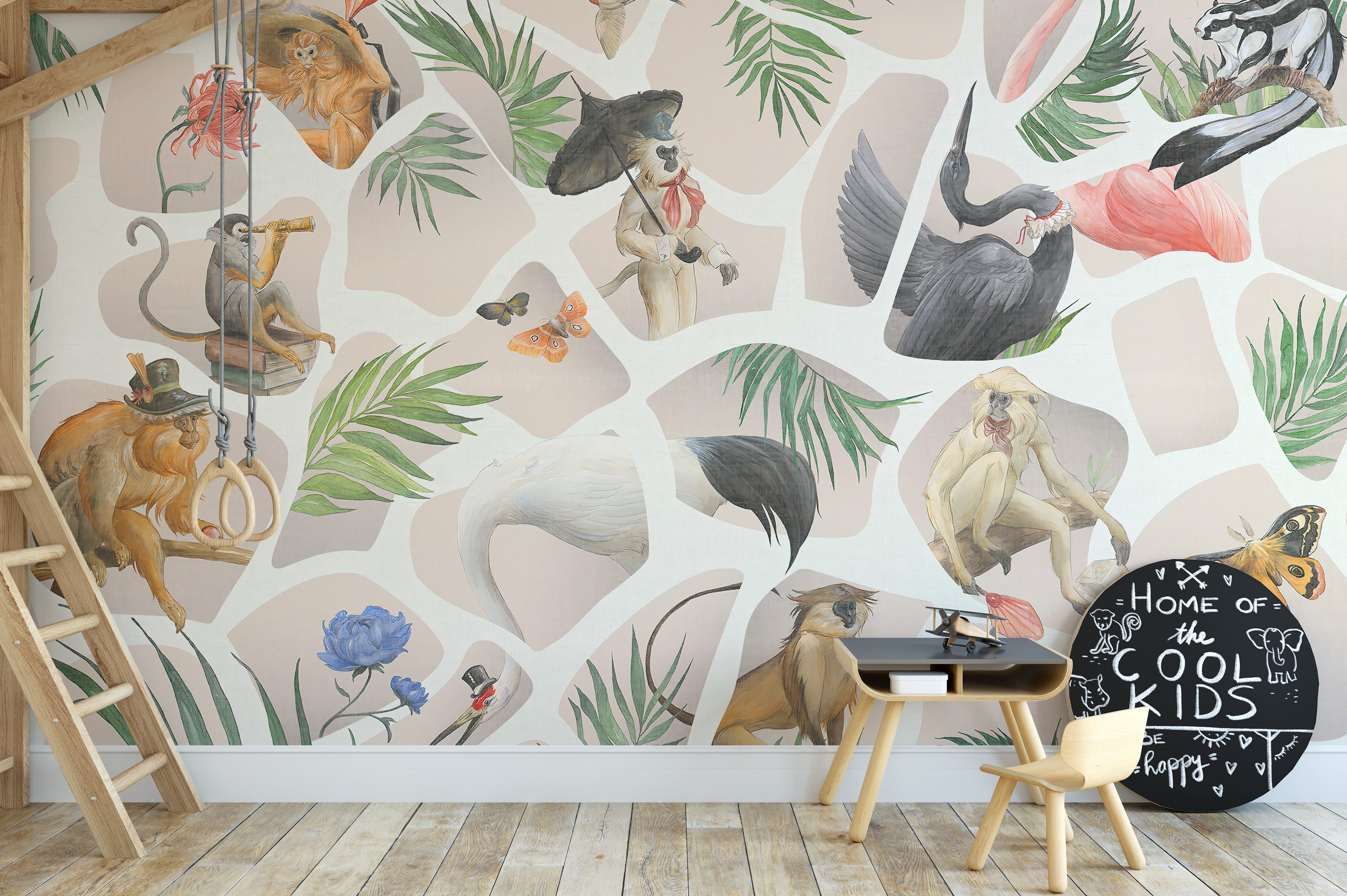 Elegant watercolor mural featuring monkeys and birds in pink.
