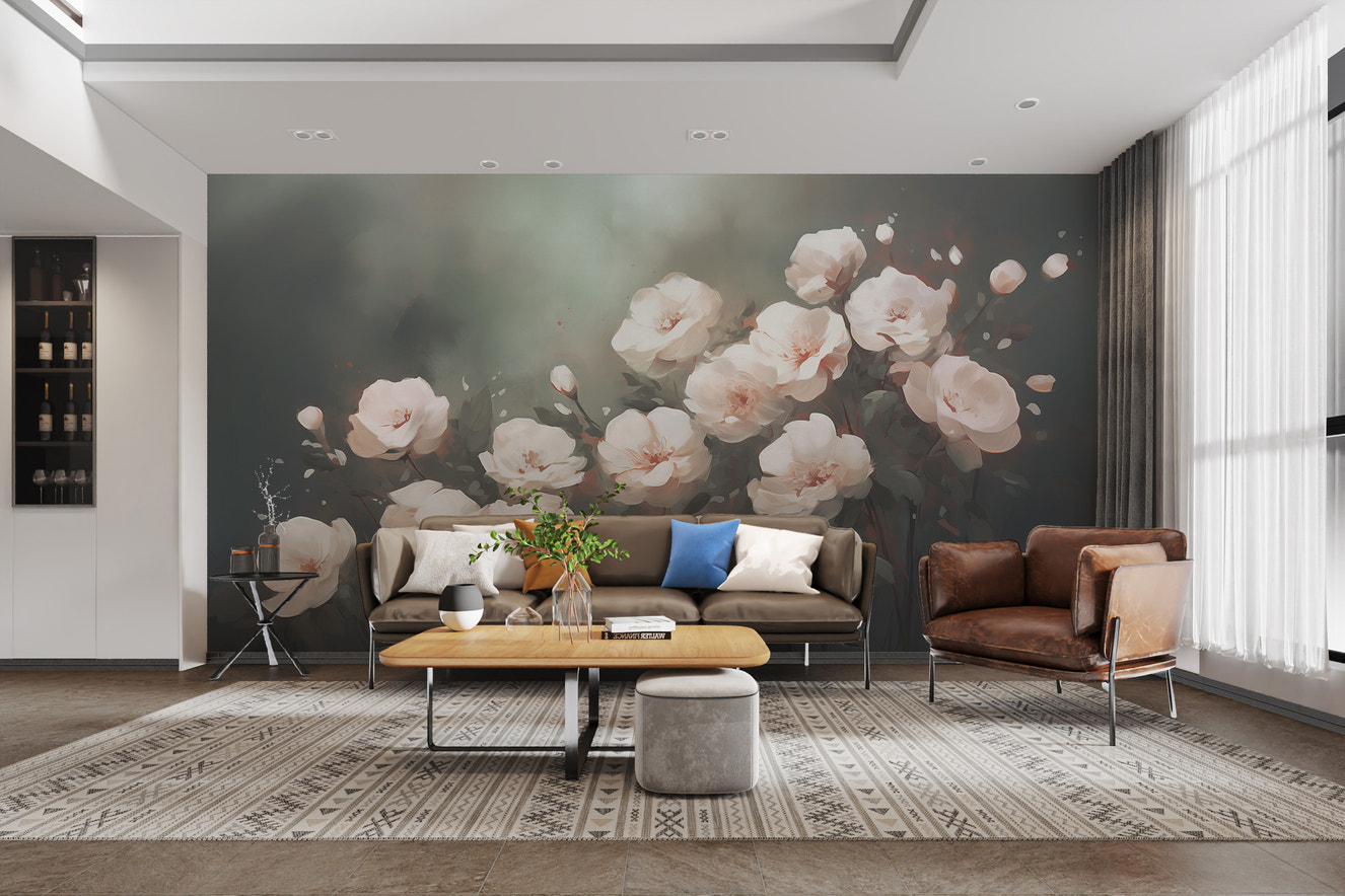 Floating white roses wallpaper murals for an elegant, timeless look.