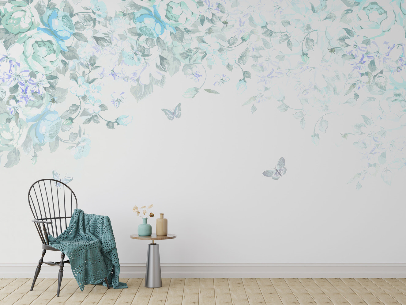 Floral butterfly mural for serene decor
