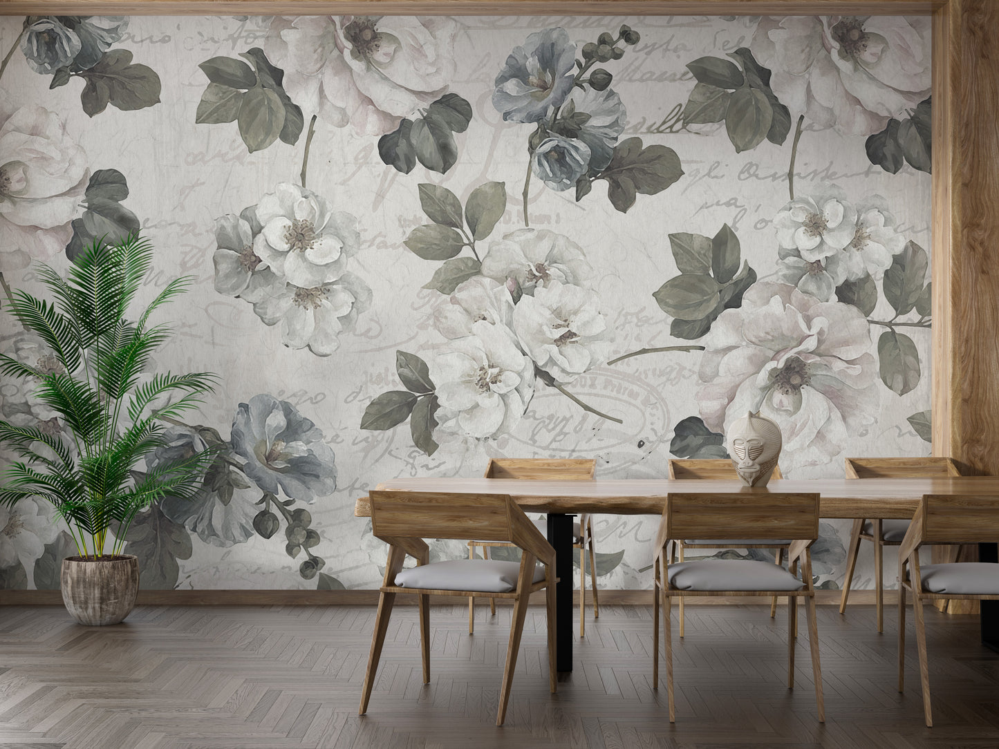 White abstract floral wall mural design
