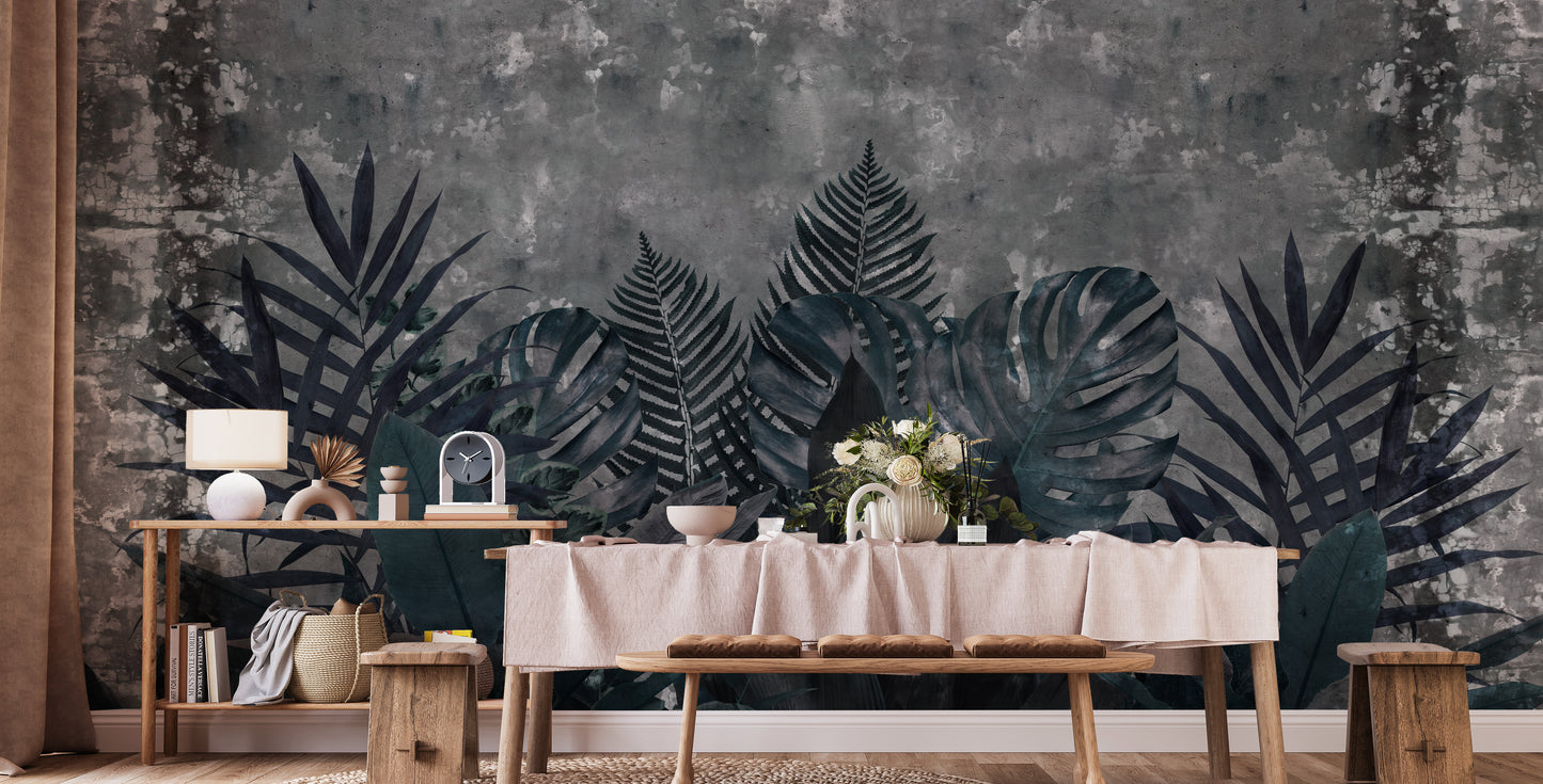 Dark Rustic Effect Tropical Leaves Wallpaper Murals