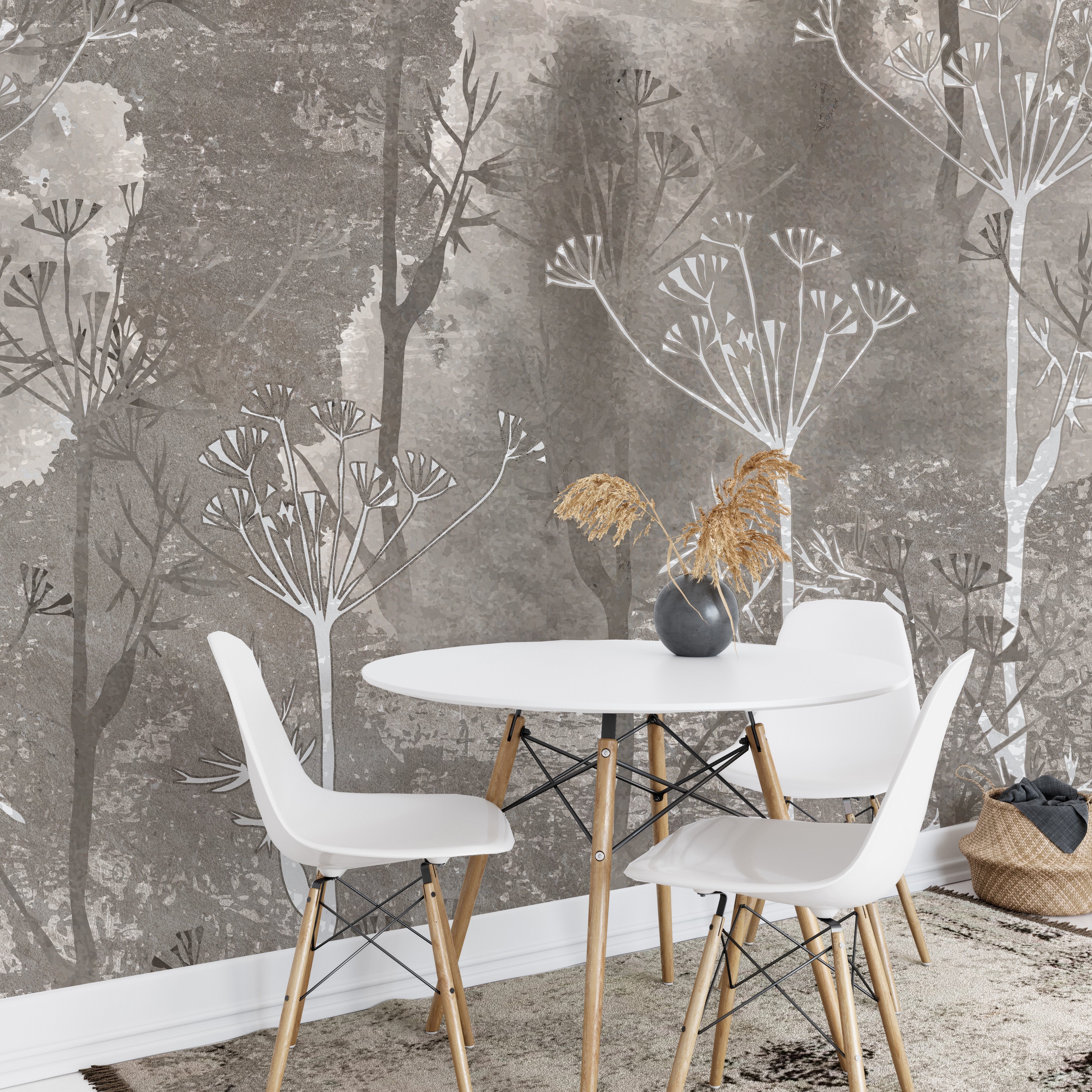 Minimalist sepia gray abstract forest mural
