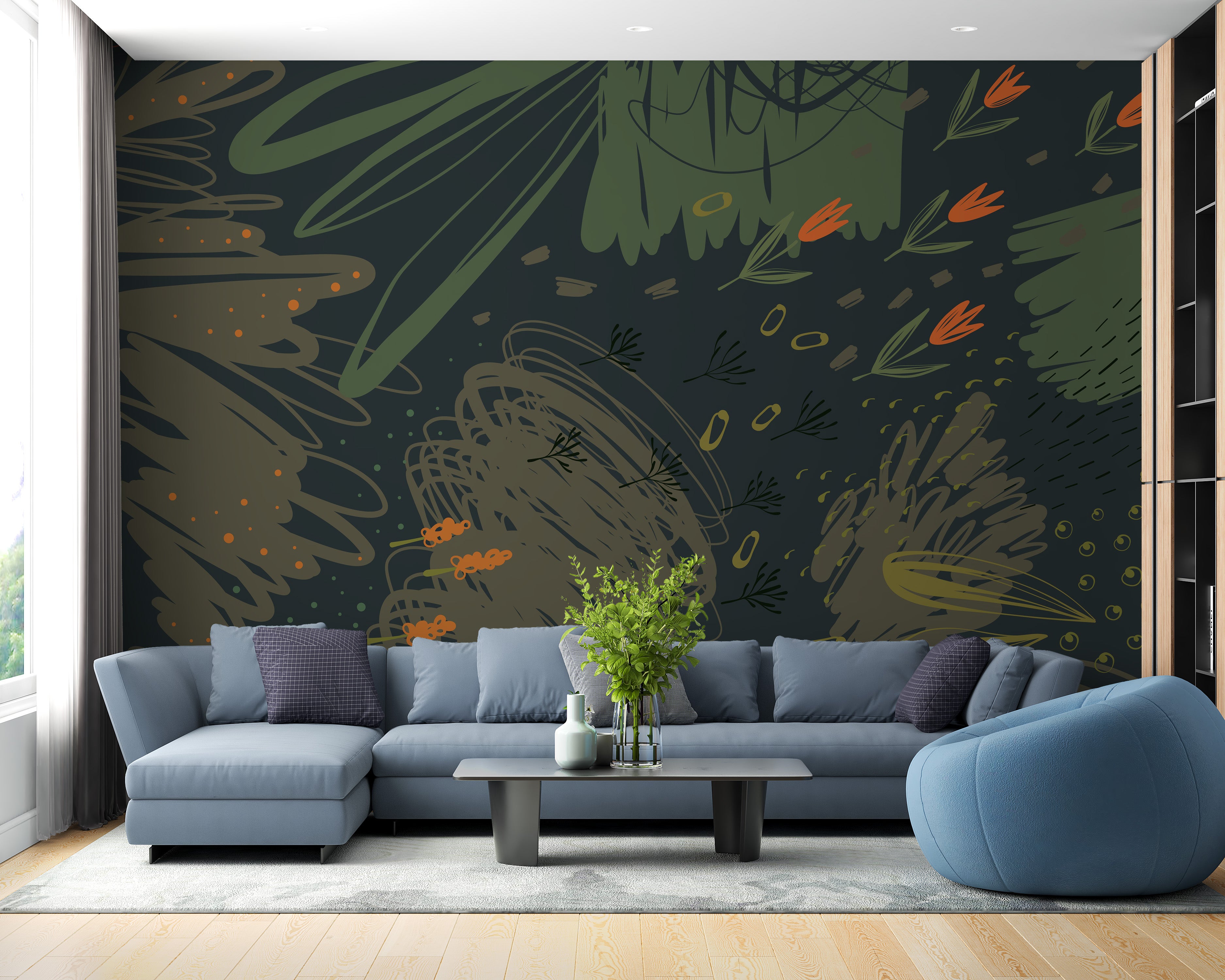 Artistic abstract shapes wall mural in green
