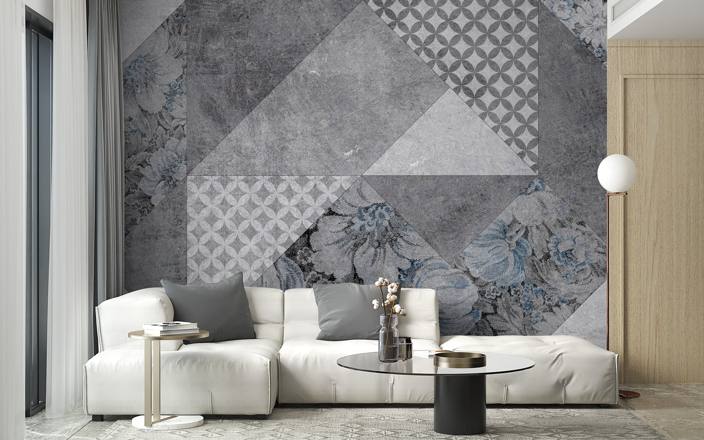 Gray Colored Geometric Flowers Wallpaper Murals