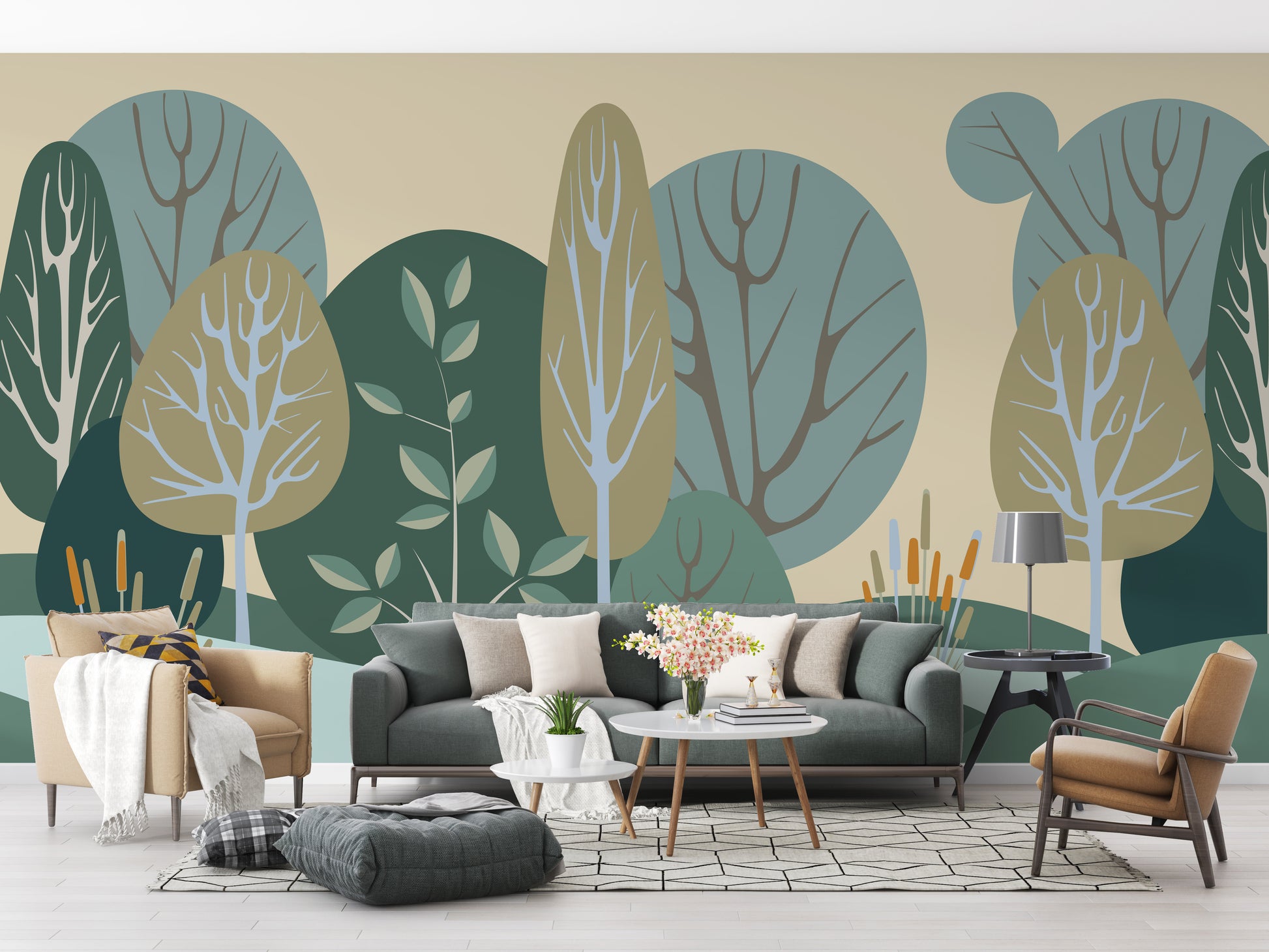 Decorative green tree mural with textures
