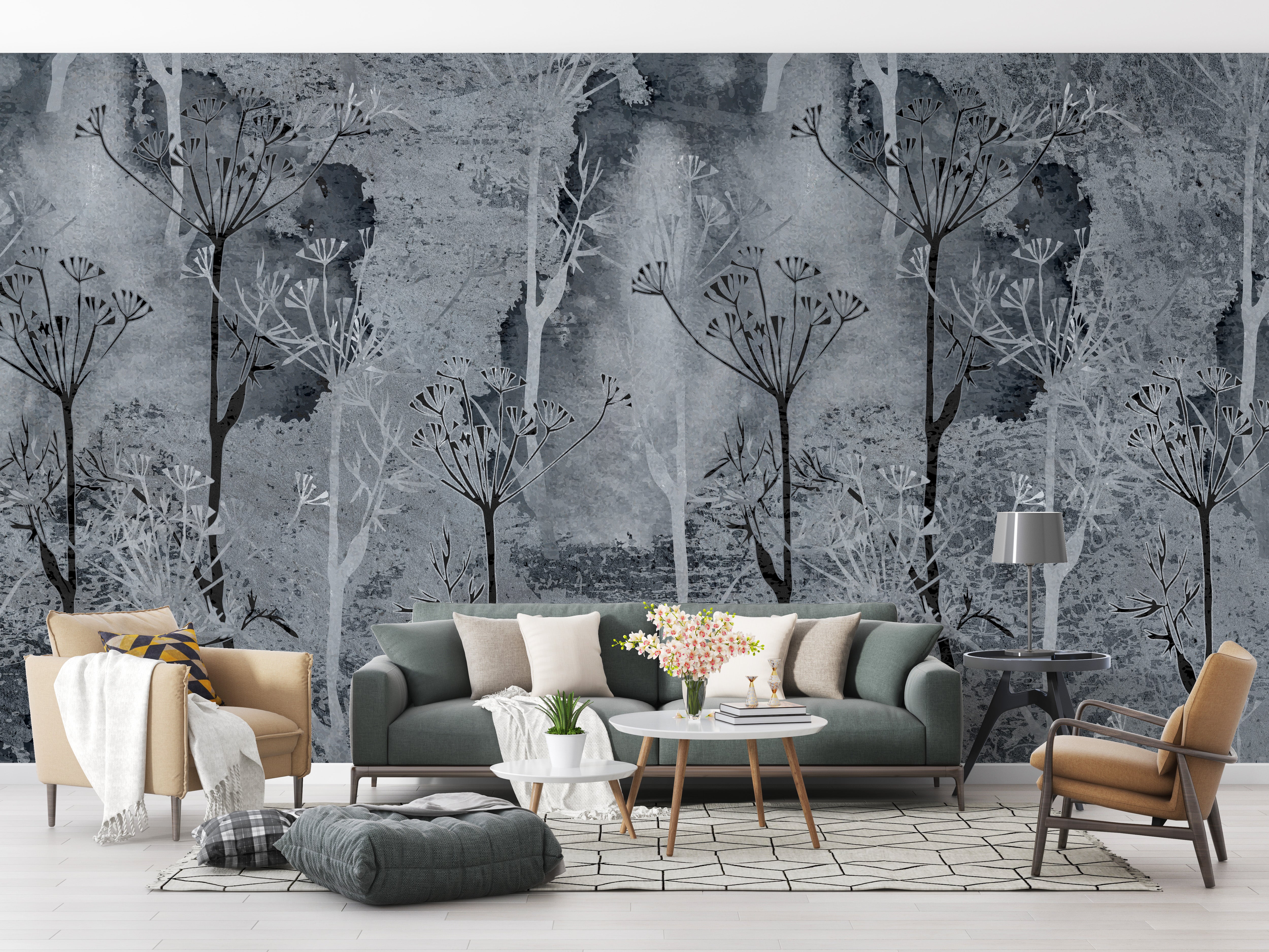 Peel and Stick Grey Colour Abstract Trees Wallpaper Giffywalls