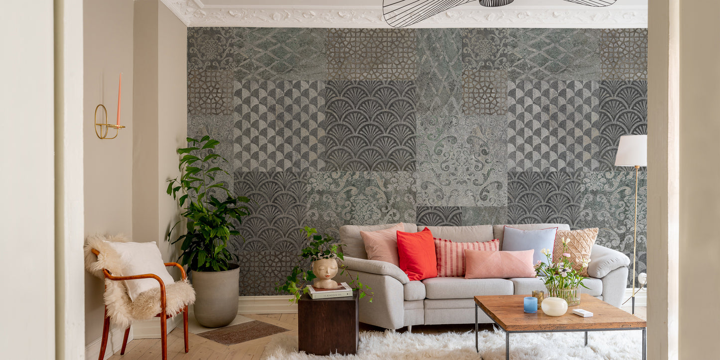 Grey Concrete Pattern Art Deco Patchwork Wallpaper Murals