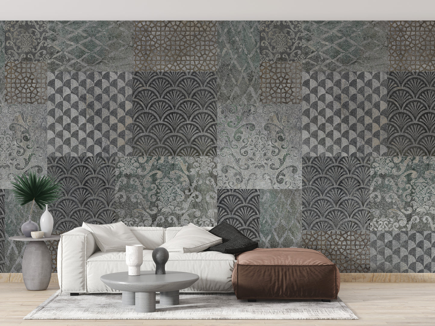 Stylish patchwork Art Deco wallpaper design
