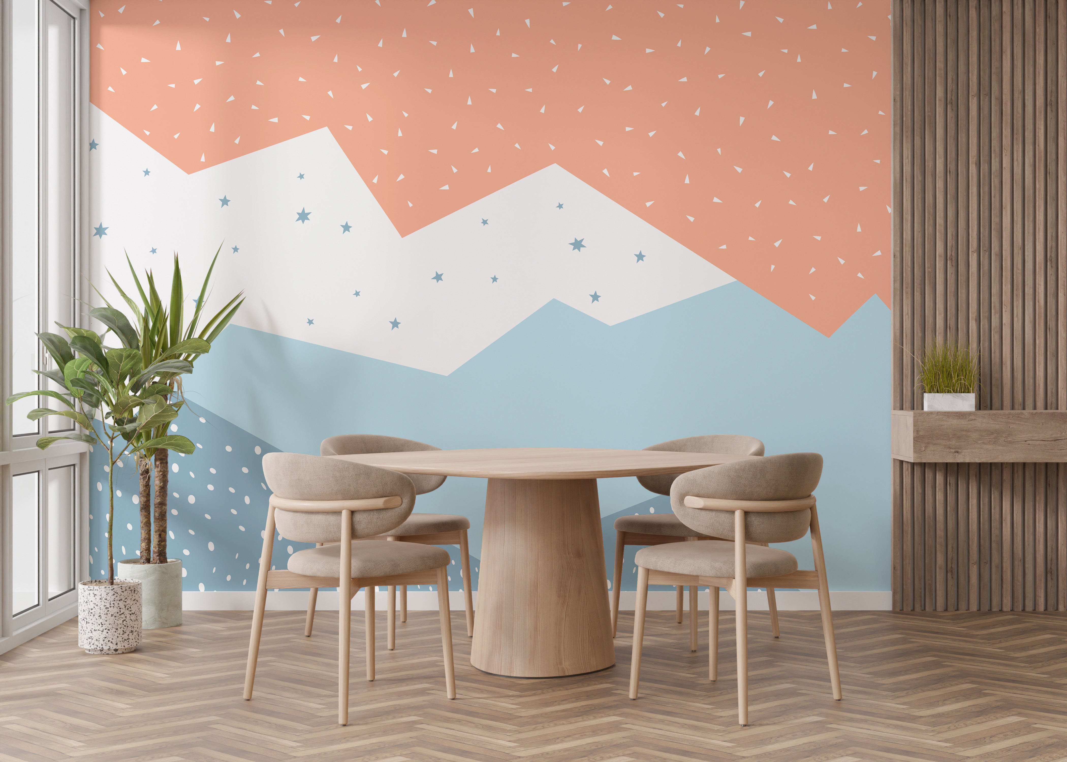 Bold geometric mountain mural with bright colors



