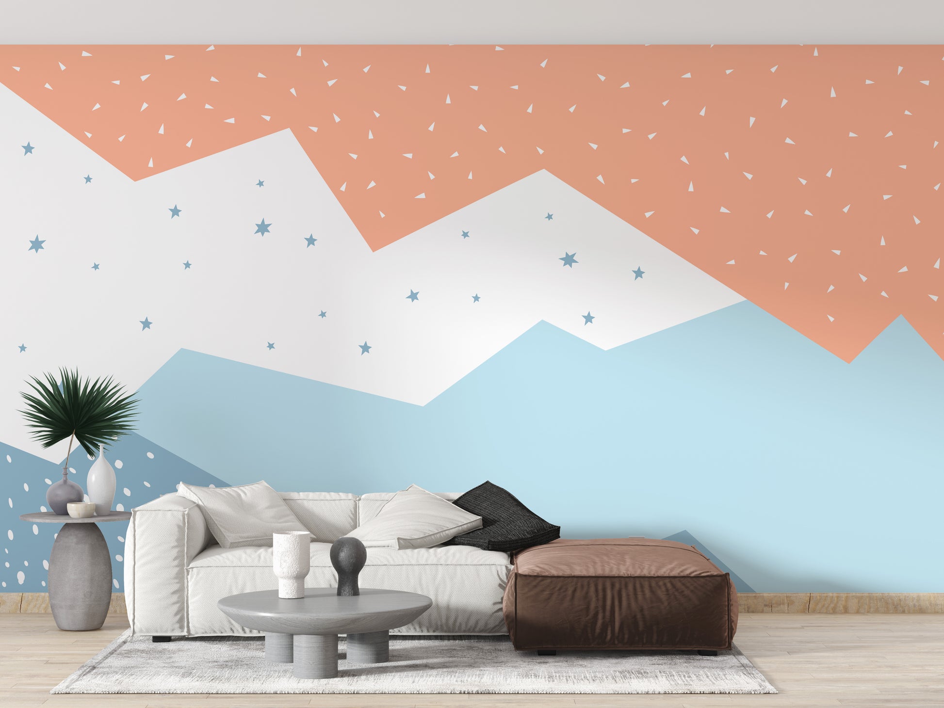 Geometric mountain wall decor with vivid hues
