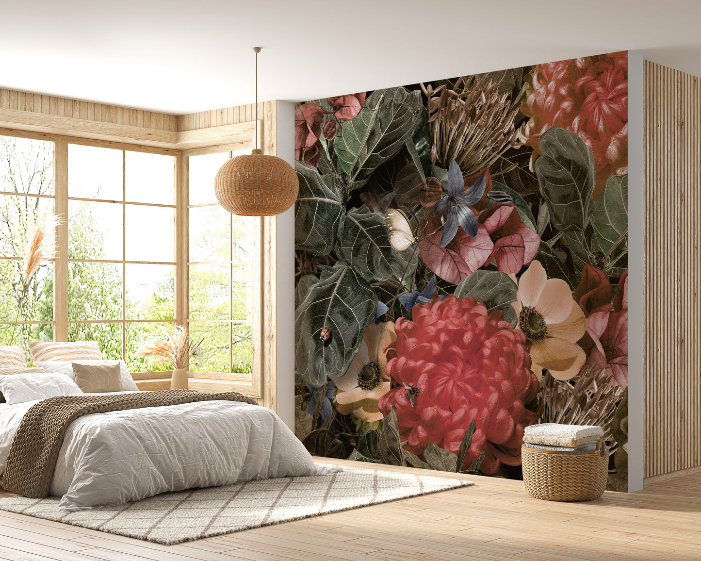 Red Green Tropical Leaves & Floral Wallpaper Mural