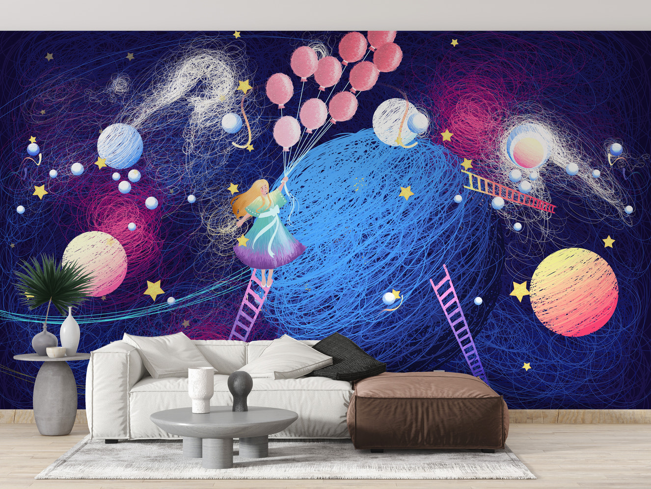 Dreamy planet wallpaper with flying balloons
