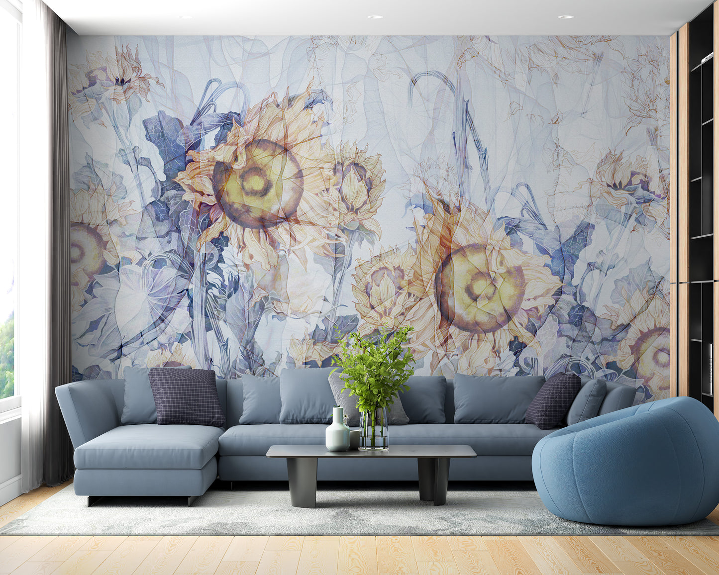 Blue and yellow sunflower wallpaper design