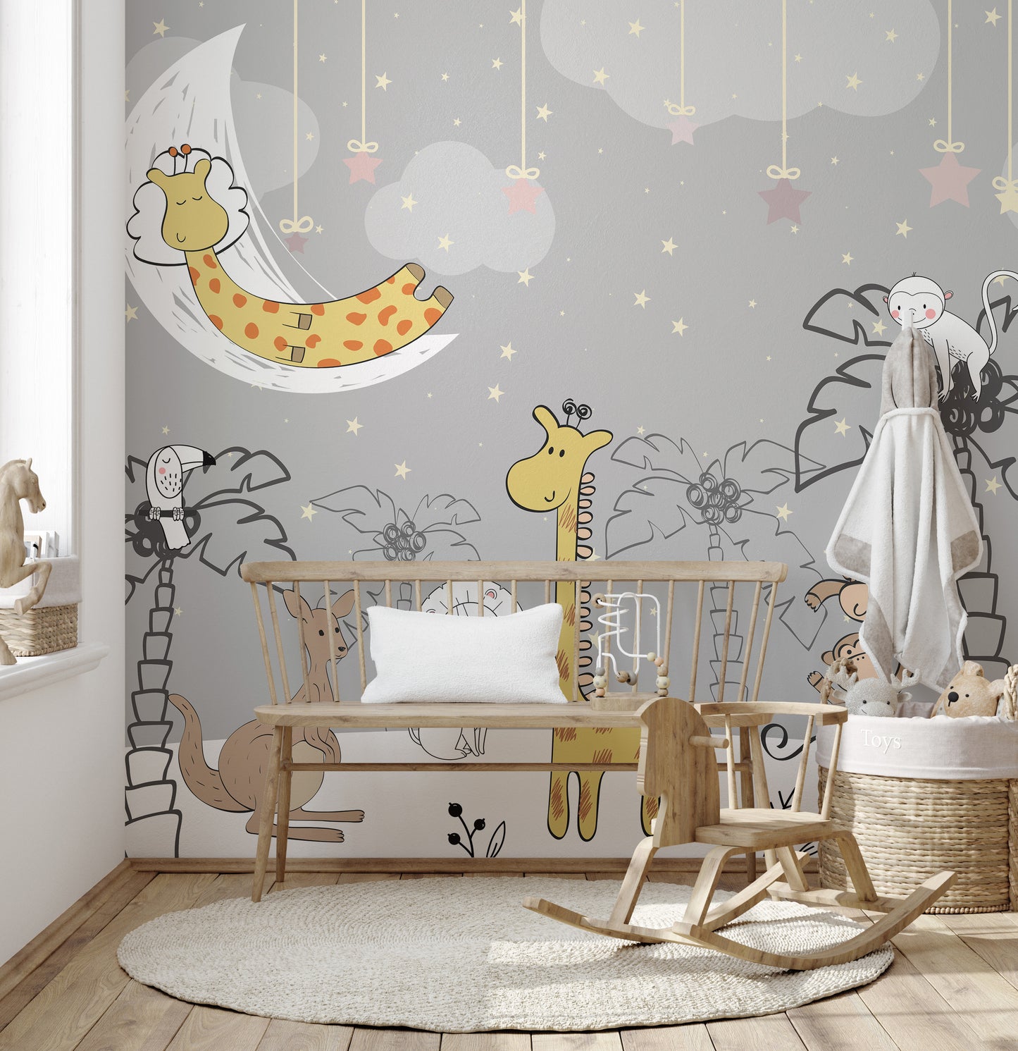 Cheerful jungle friends wall mural design