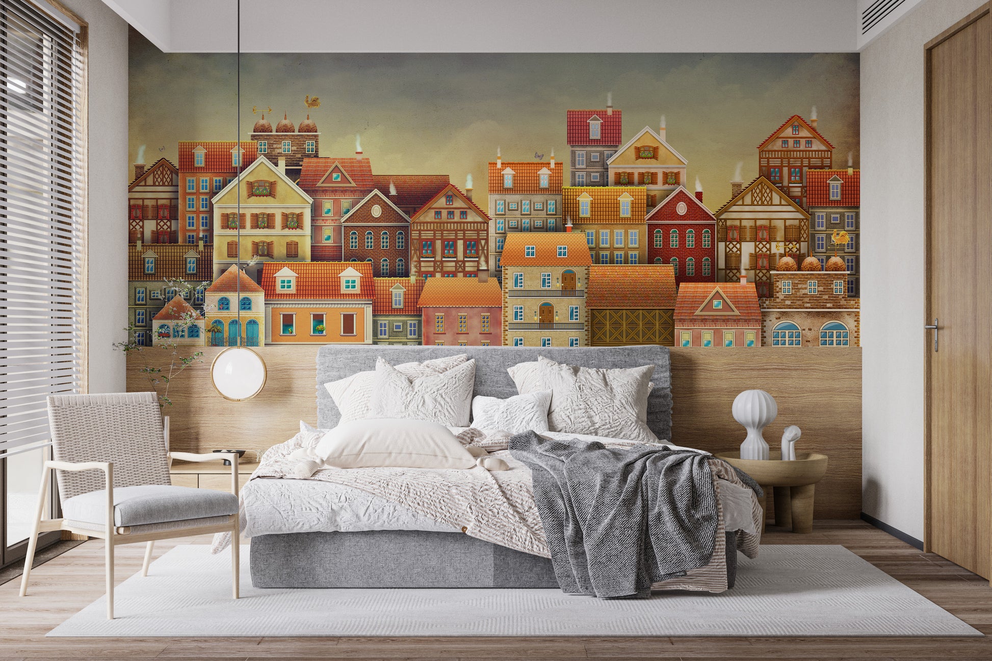 Whimsical houses mural with dark colors