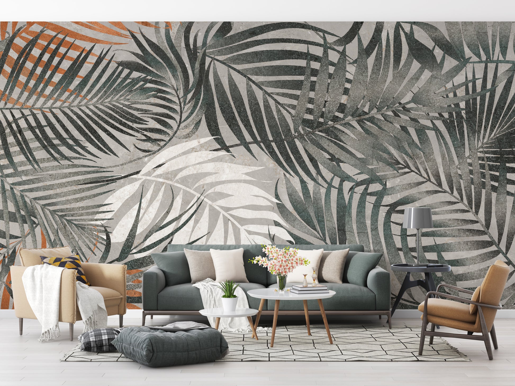 Elegant grey tropical leaf wall mural
