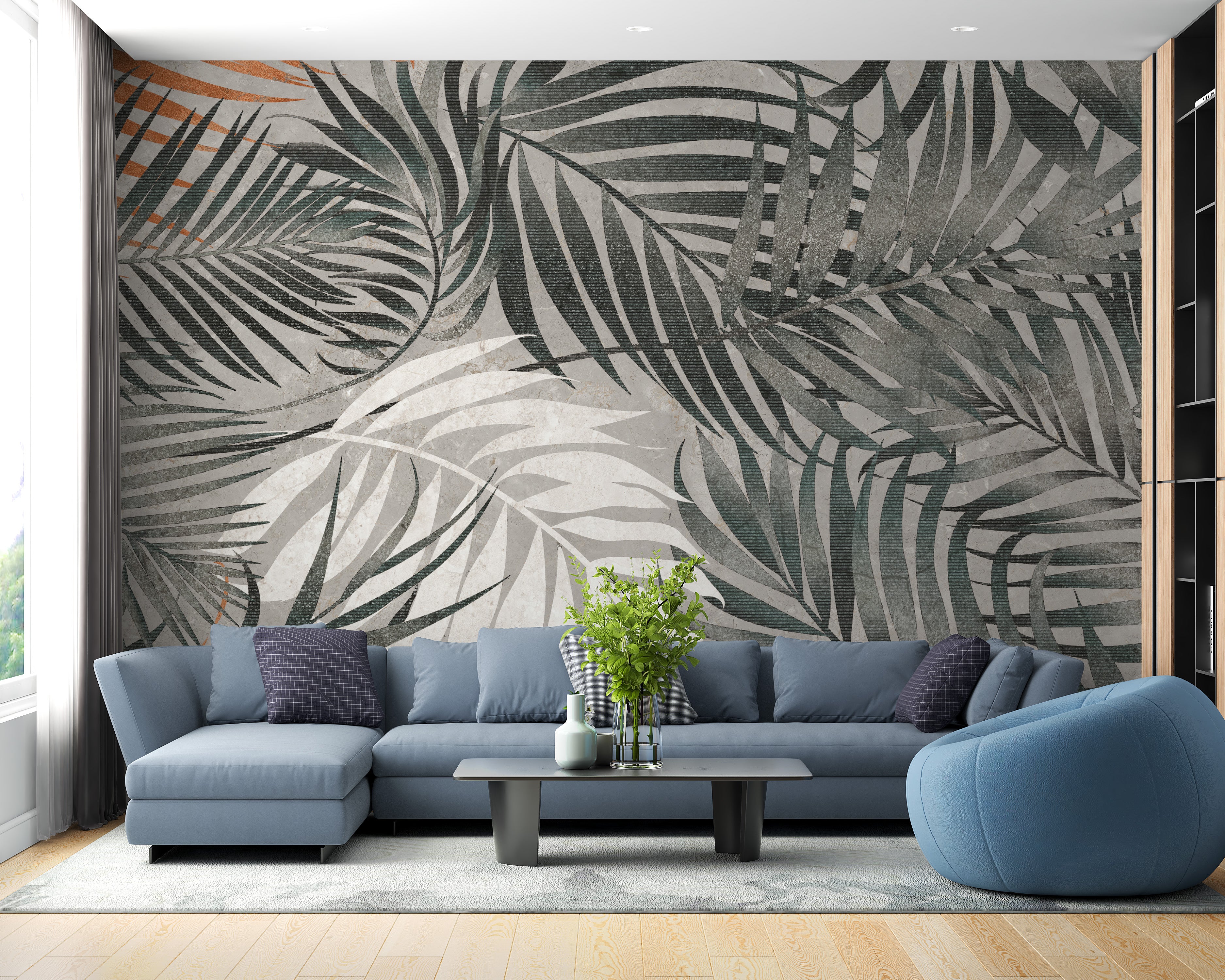 Grey Tropical Leaves Wallpaper Mural - Giffywalls