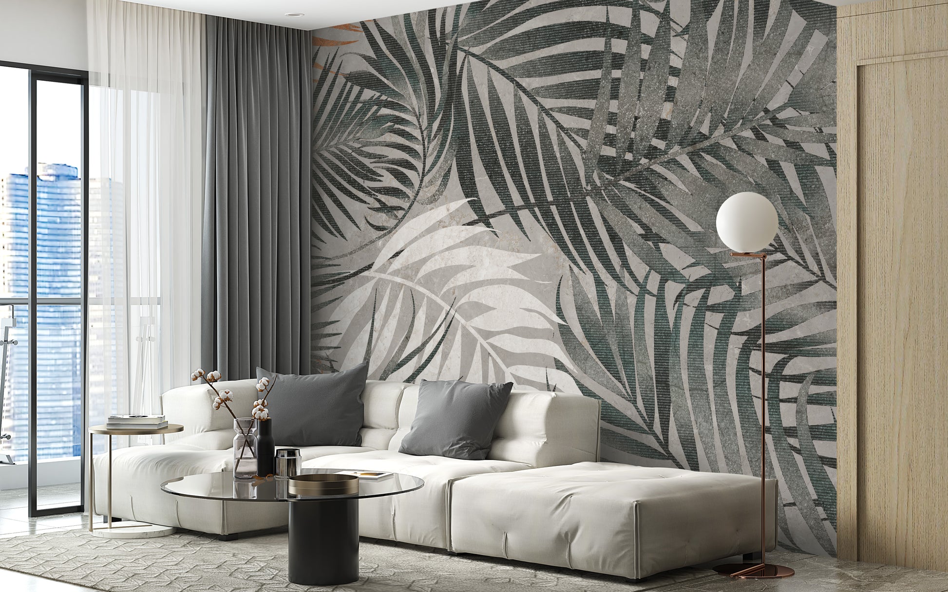 Grey Tropical Leaves Wallpaper Mural - Giffywalls