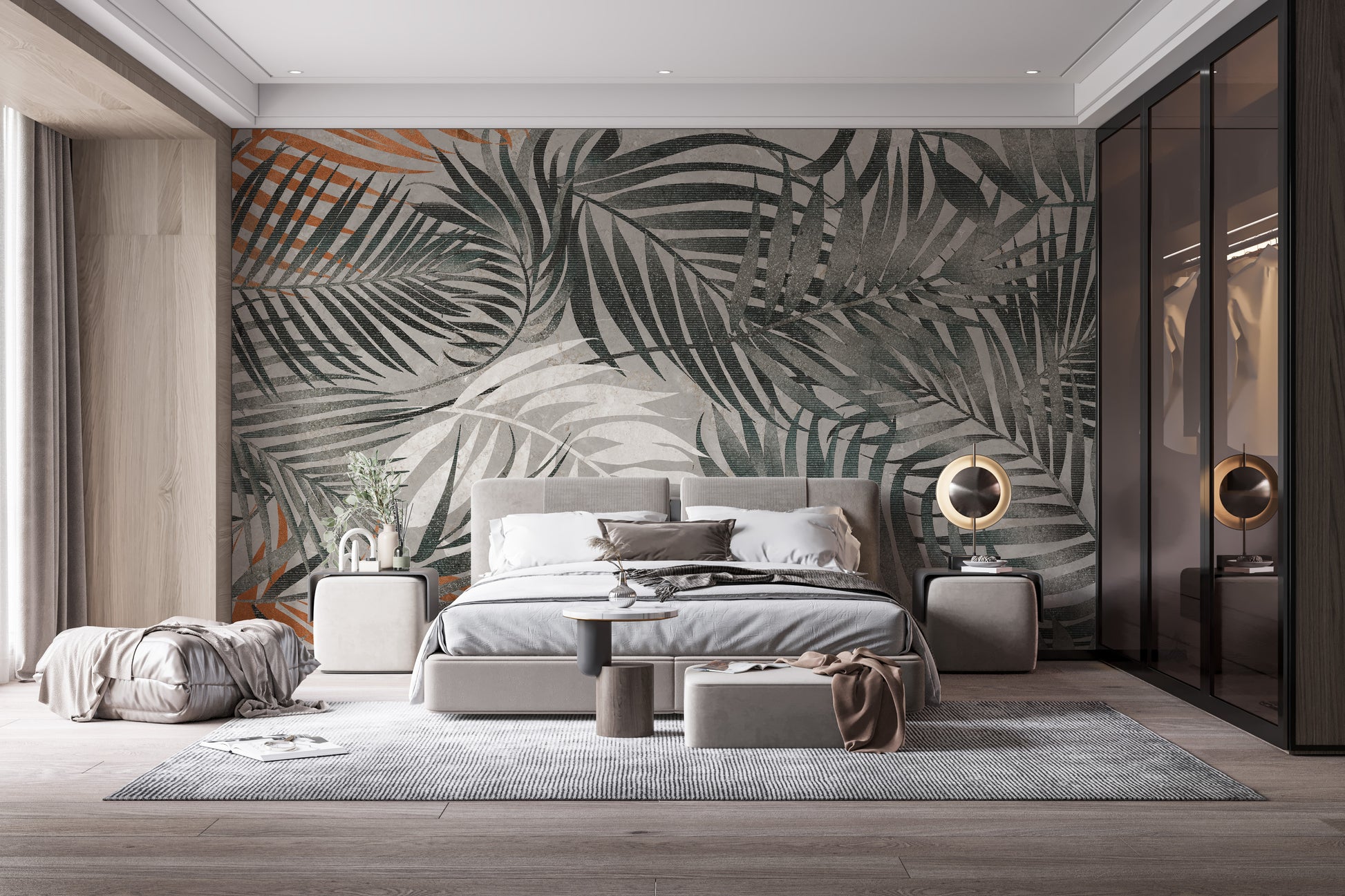 Stylish tropical leaf mural in grey tones
