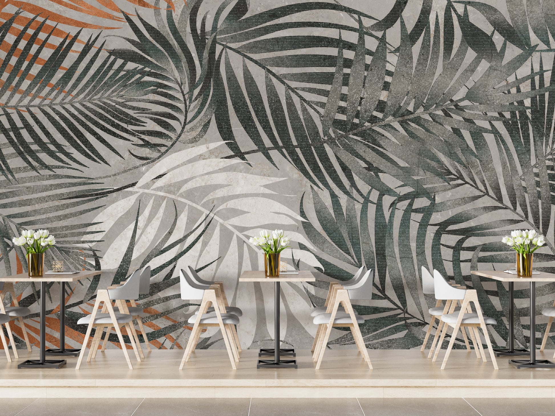 Subtle tropical leaves wallpaper in grey
