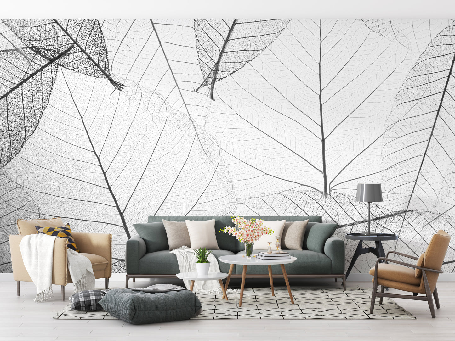 Bold black and white leaf veins mural
