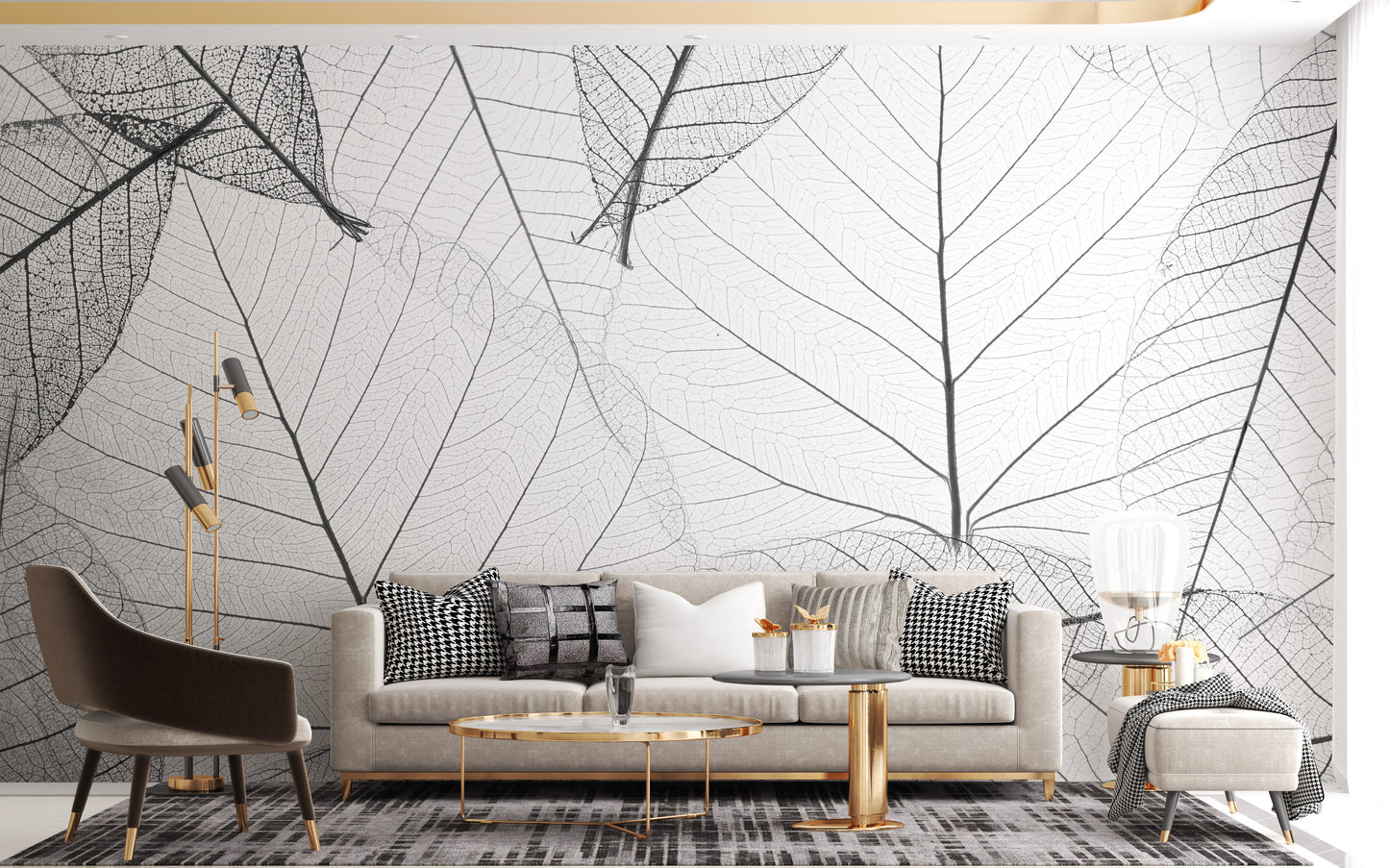 Black & White Large Veins Leaves Wallpaper Mural