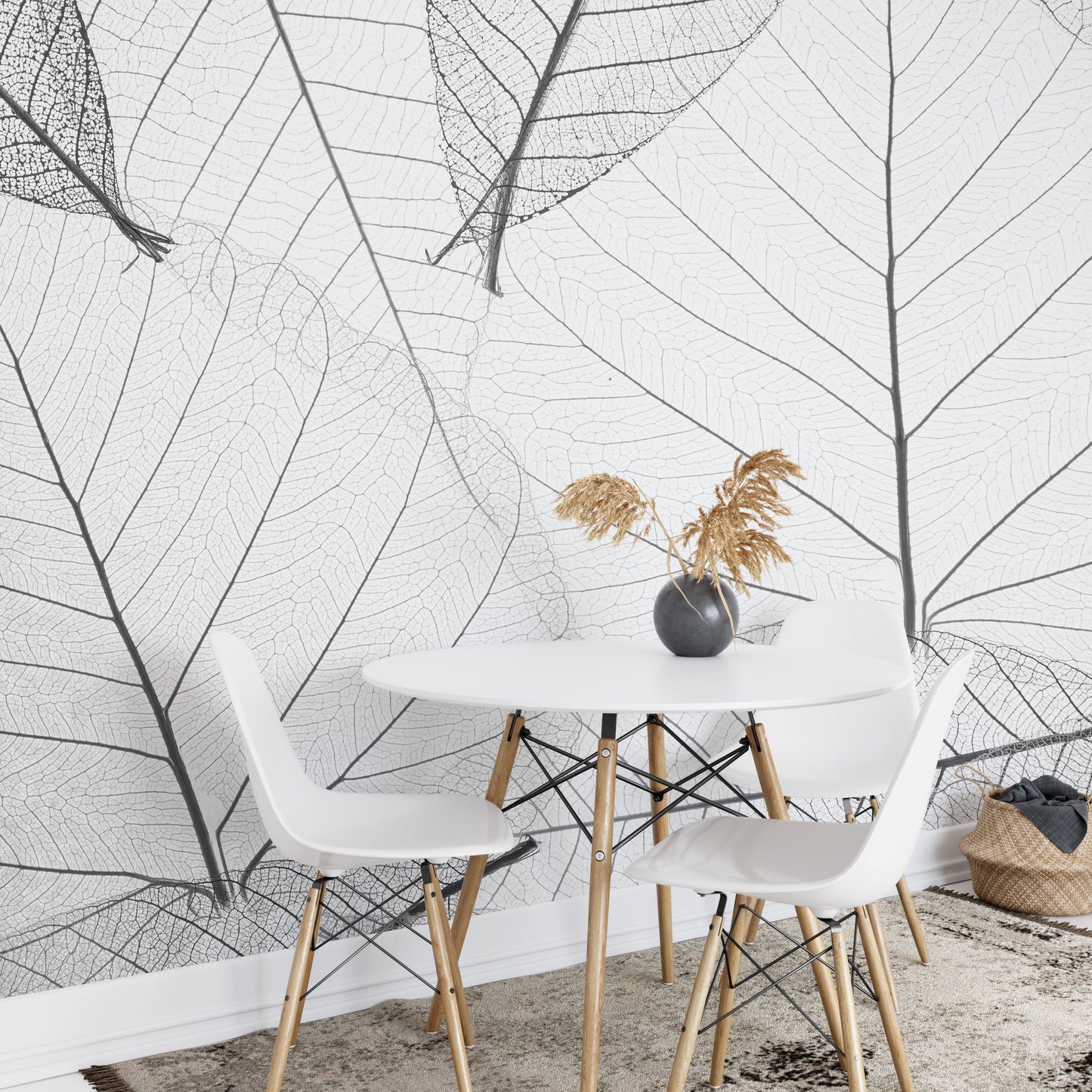 Black & White Large Veins Leaves Wallpaper Mural