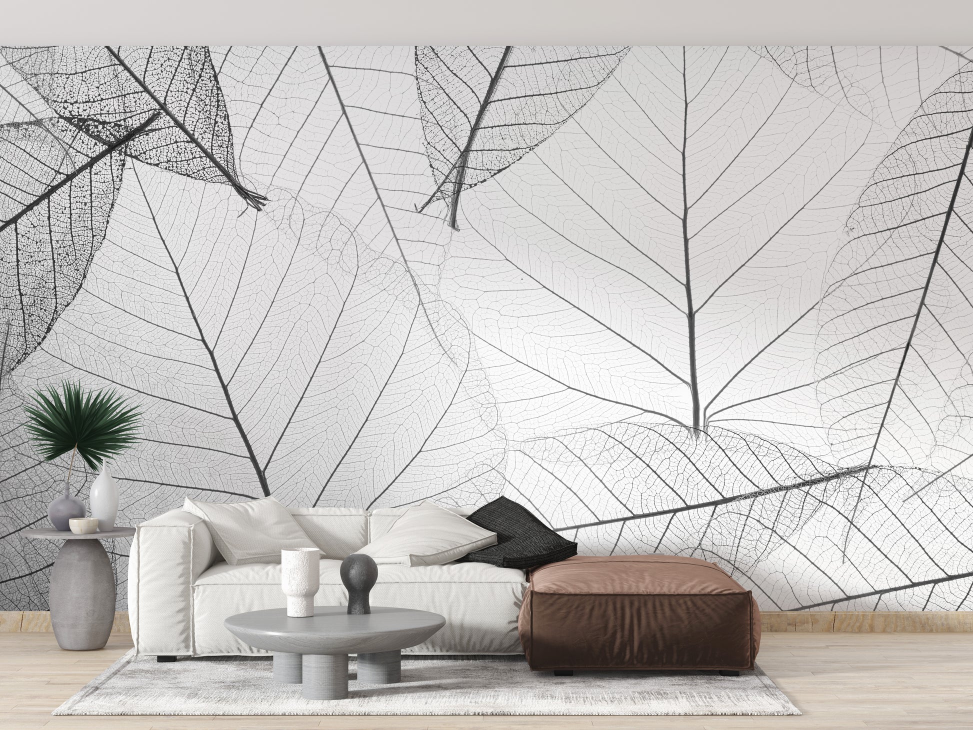 Monochrome leaves wallpaper with bold veins
