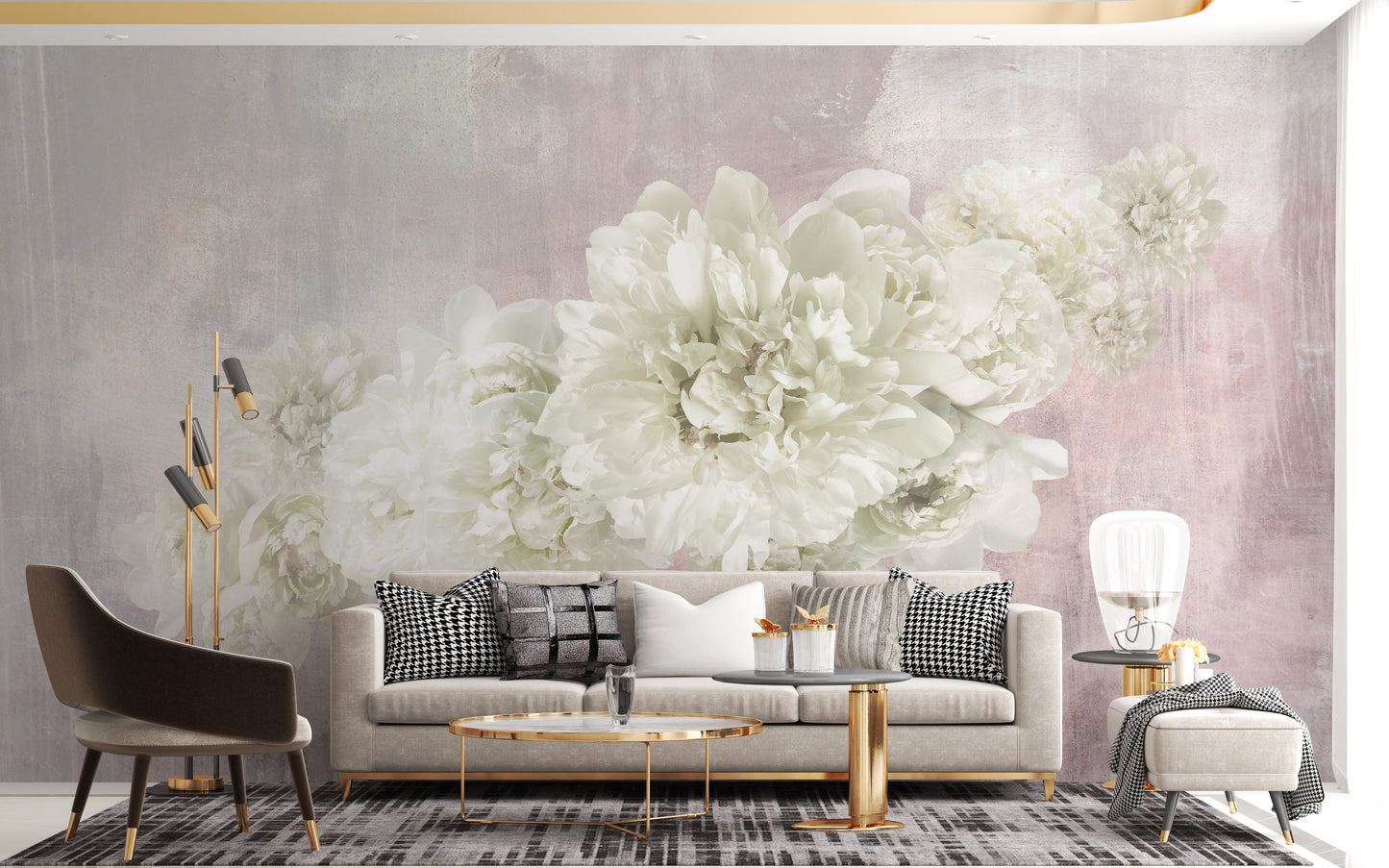 White Peonies On Pink Wallpaper Mural