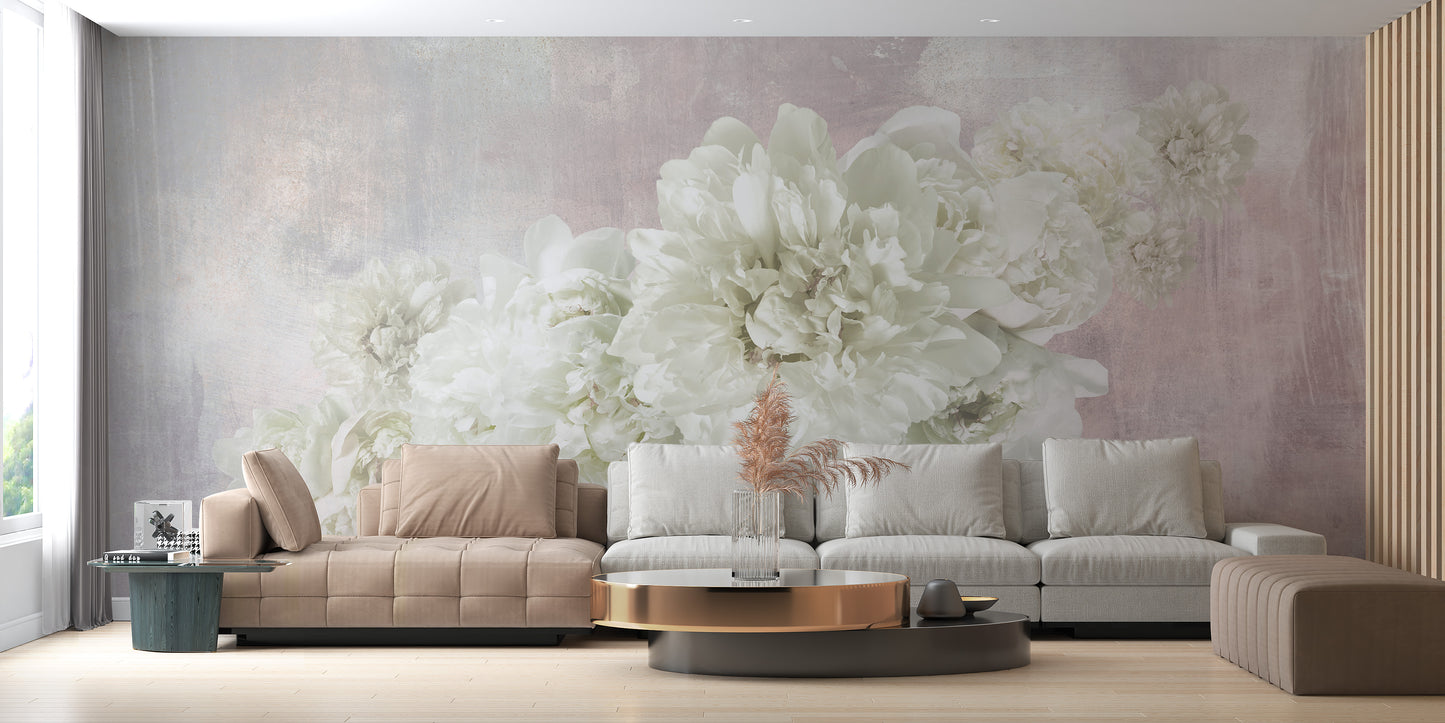 White Peonies On Pink Wallpaper Mural