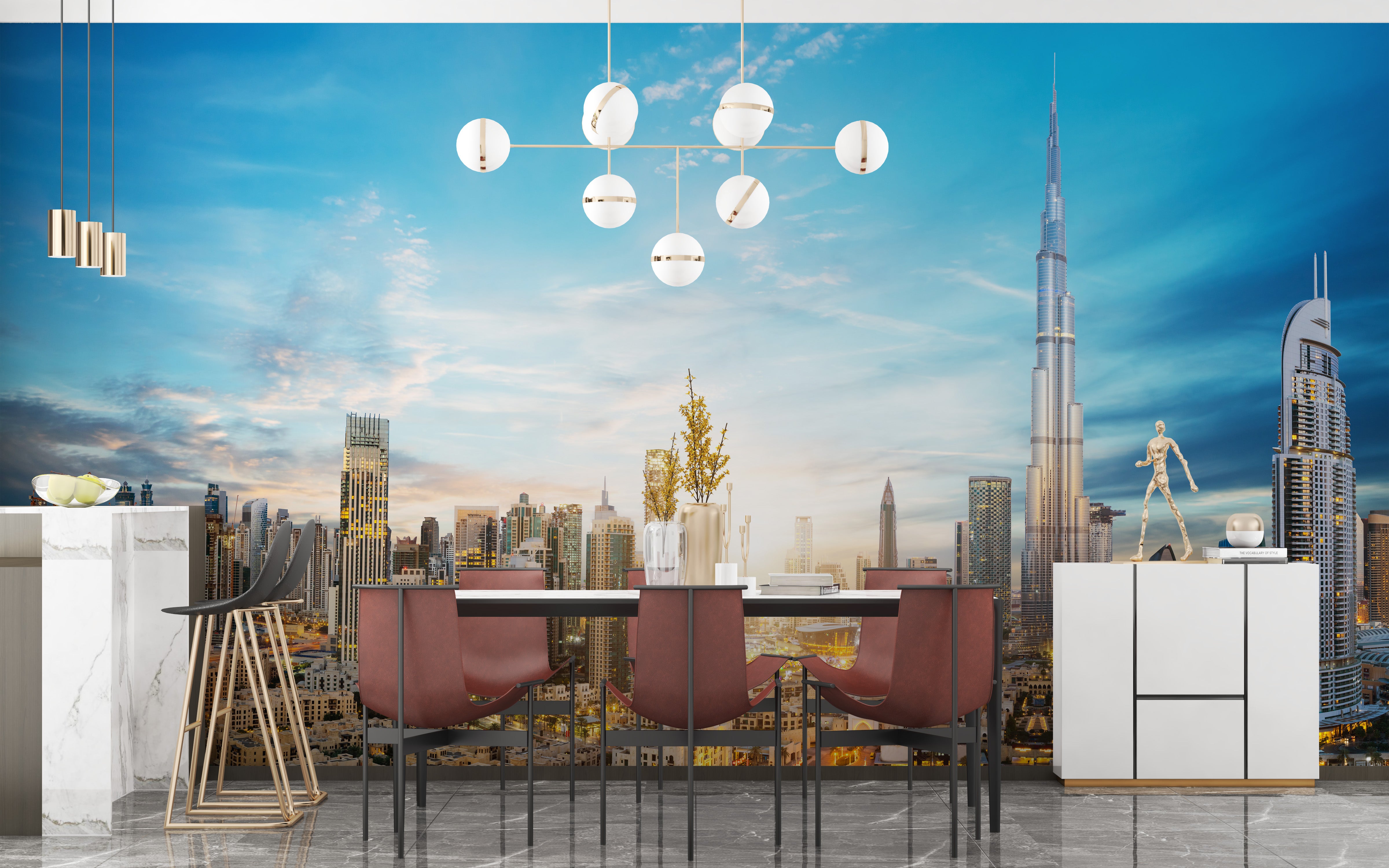 Cityscape panoramic Dubai skyline mural for walls