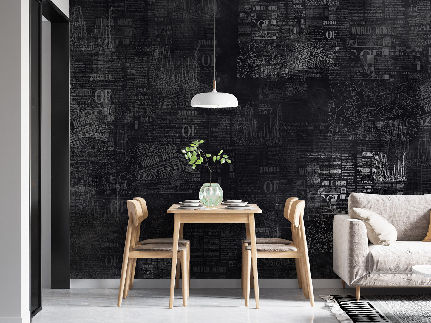 Newsprint dark wallpaper mural with bold headlines