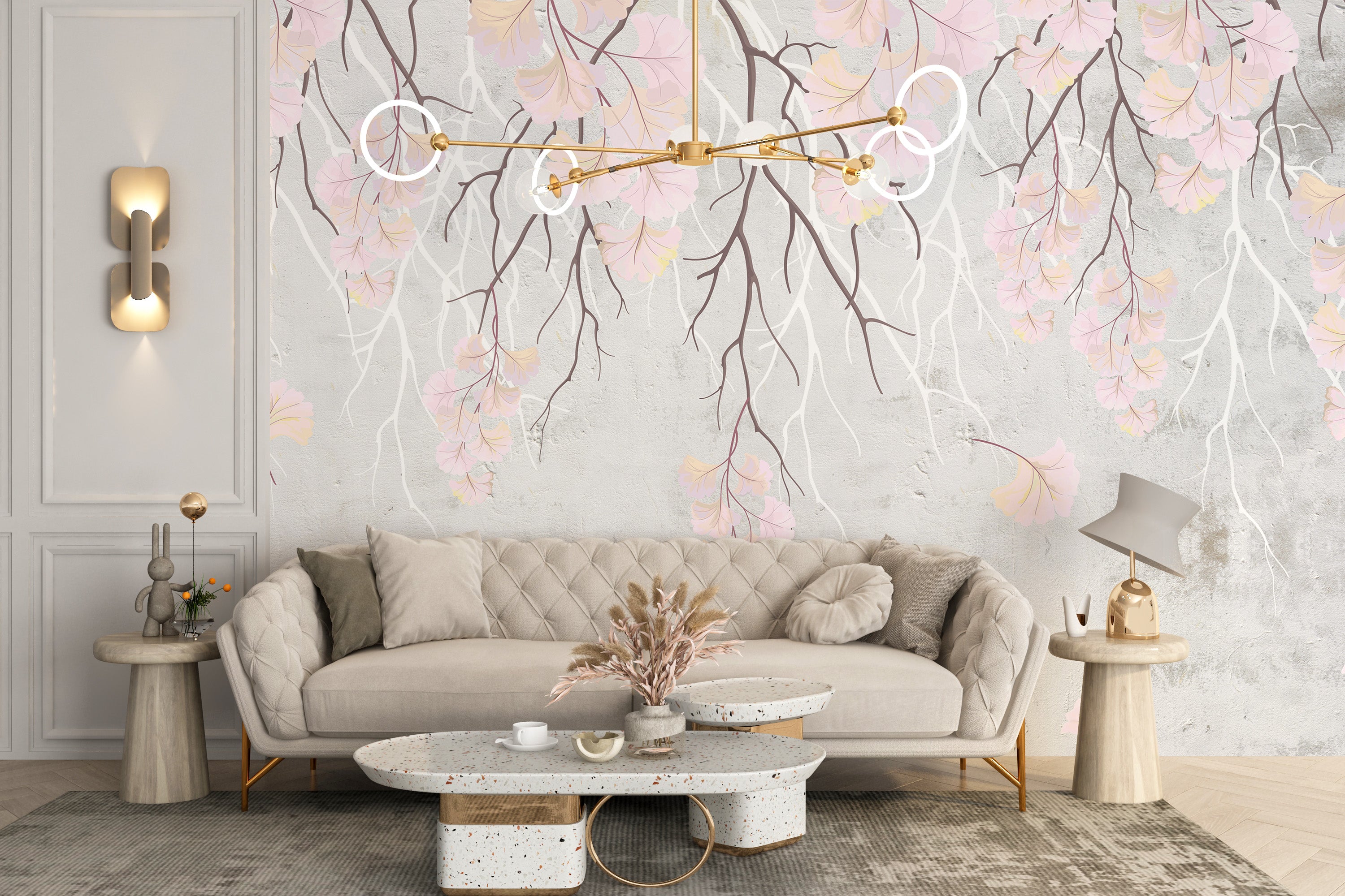 Soft hanging pink flowers mural for walls