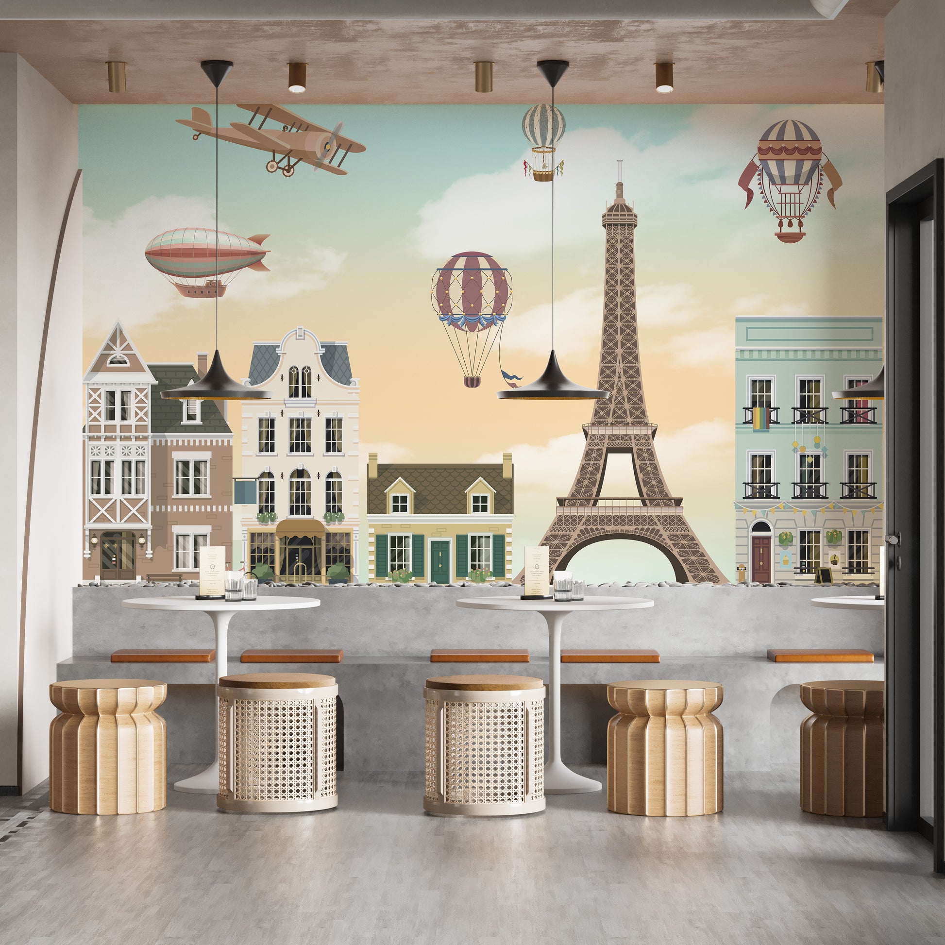 Kids room mural with Eiffel Tower city