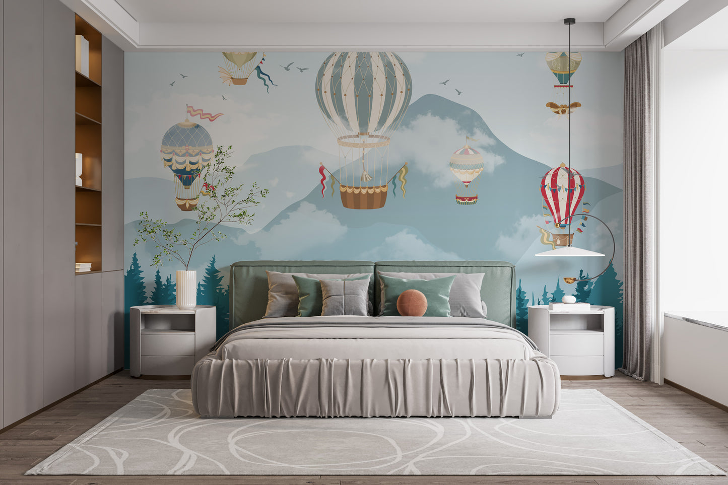 Whimsical hot air balloons mural for children's room