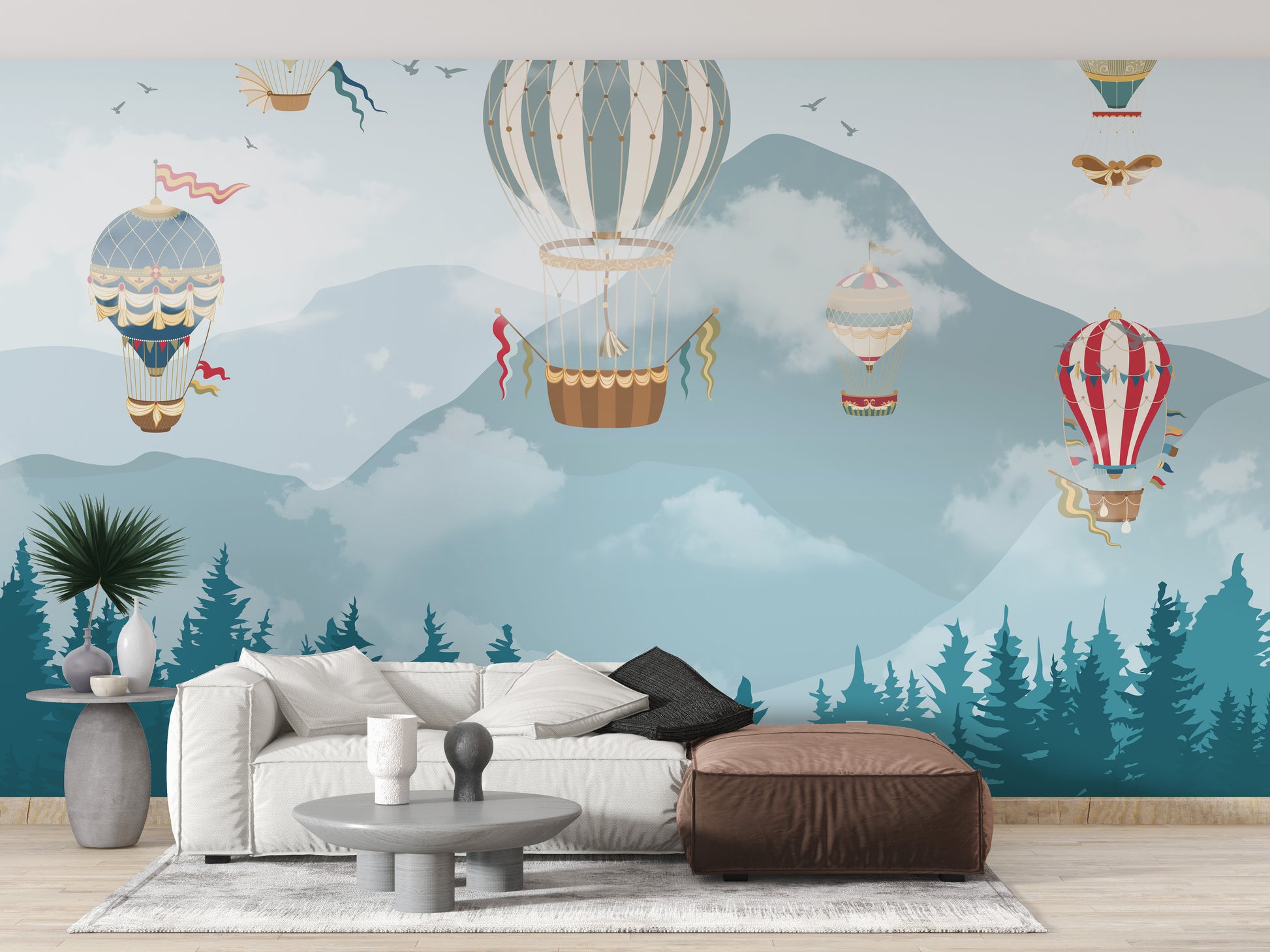 Hot air balloon wallpaper mural in vibrant colors