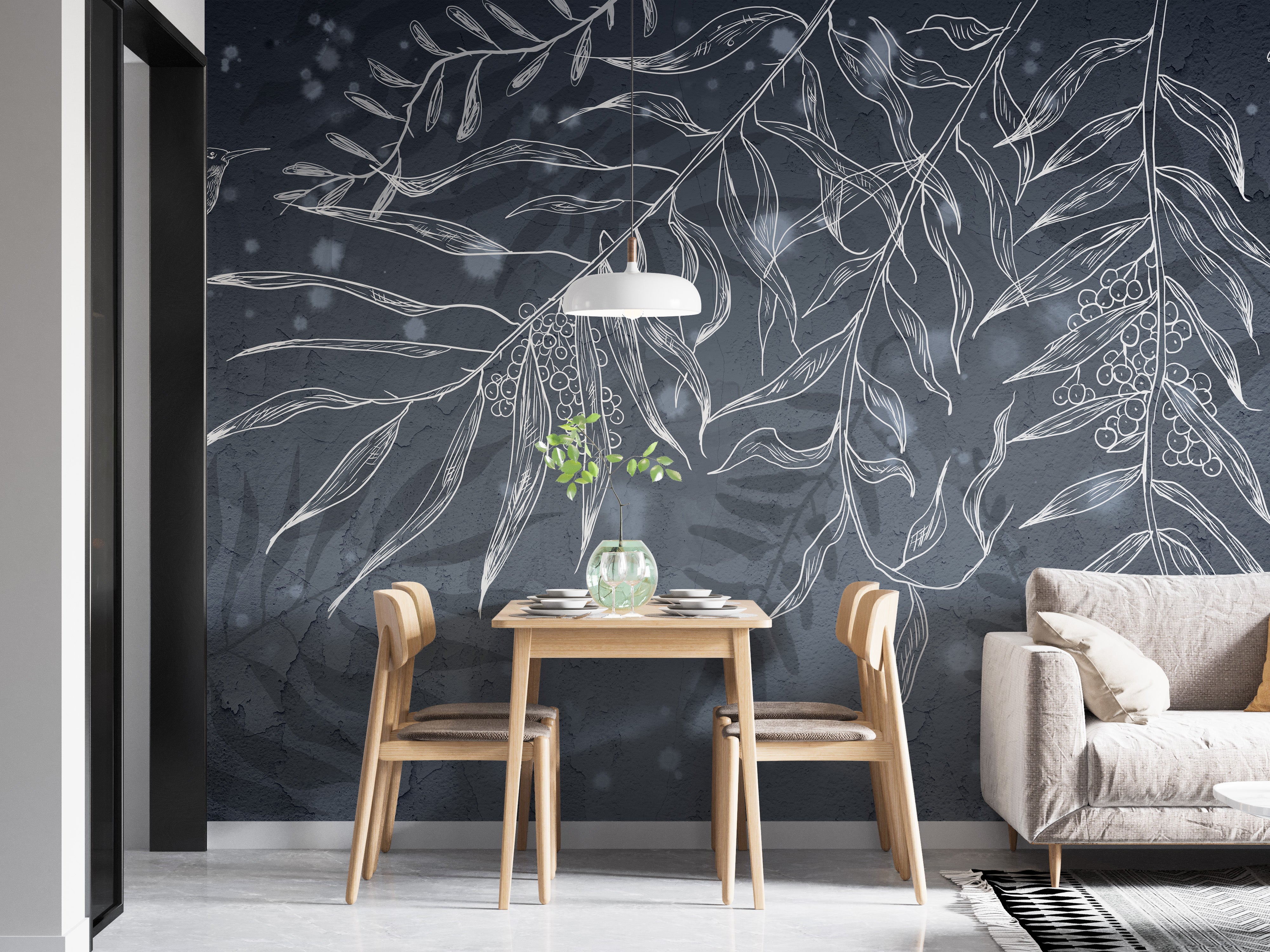 Dark gray wallpaper featuring hummingbird and leaves