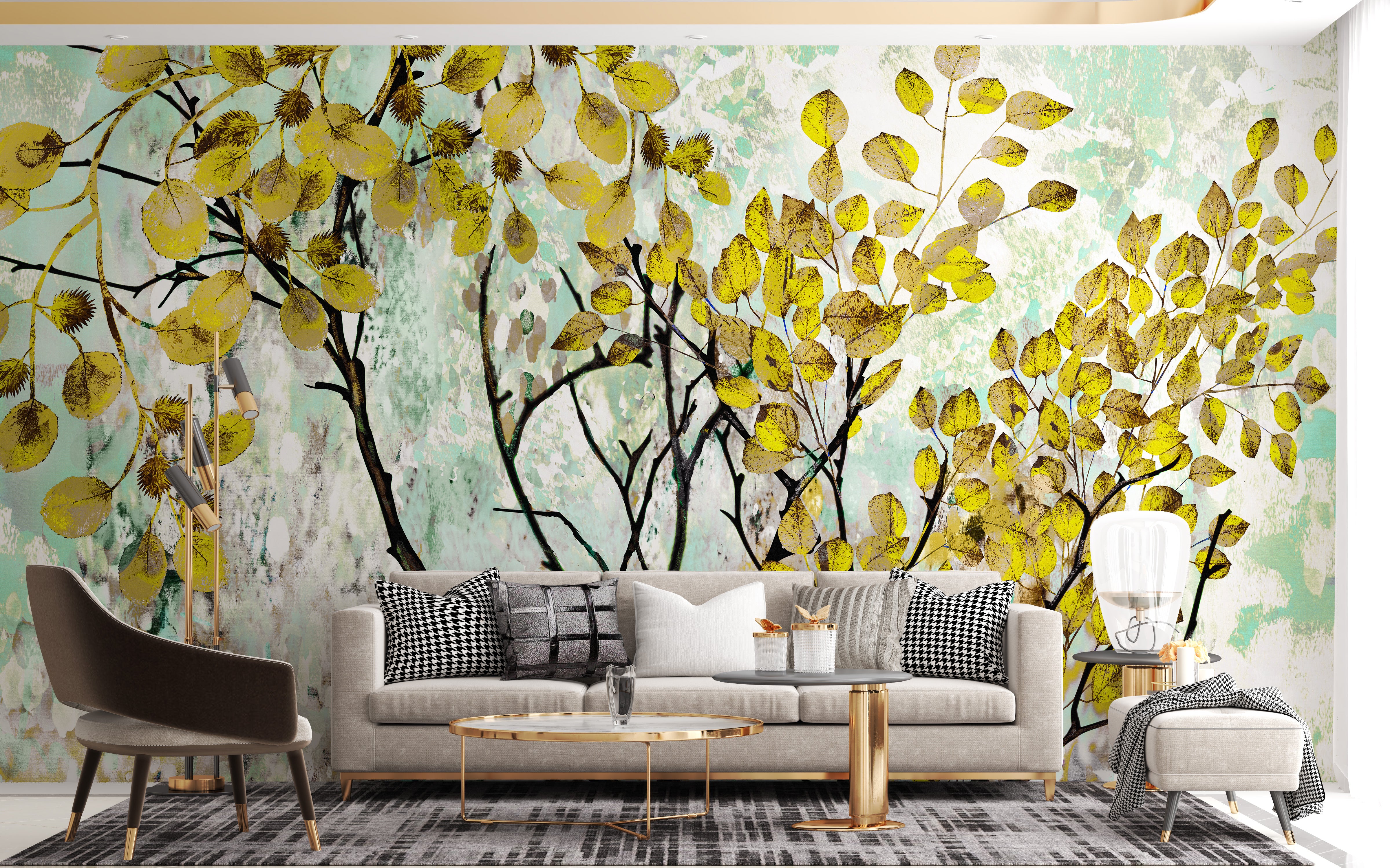 Bright yellow oil painting flower mural for walls