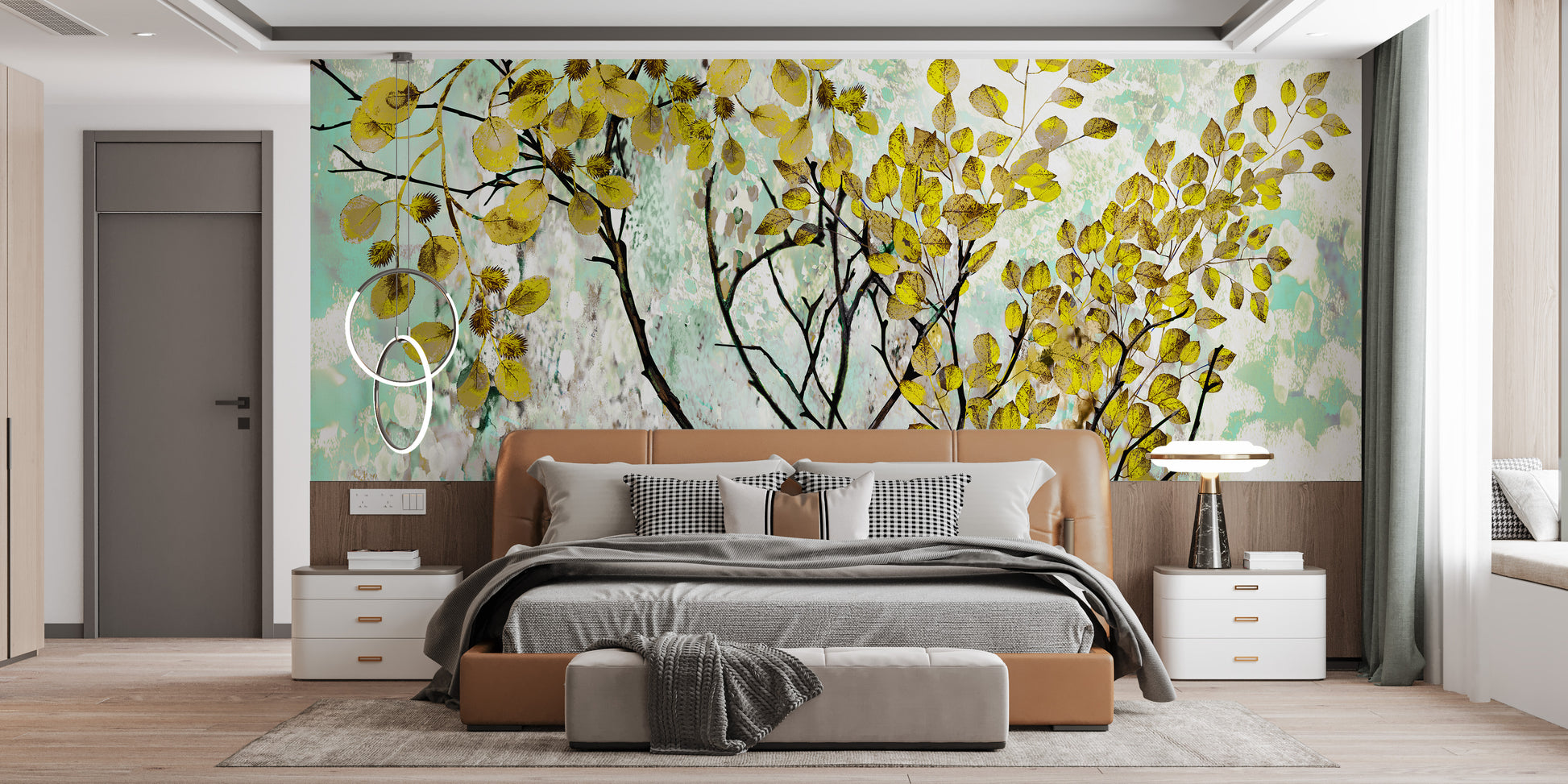 Flower wall mural with yellow oil painting effect