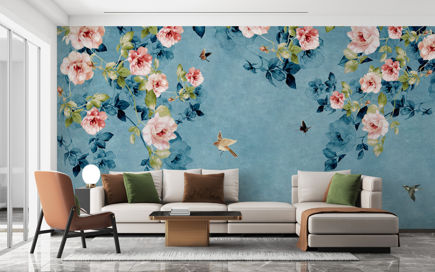 Soft pink roses on blue-green wallpaper design