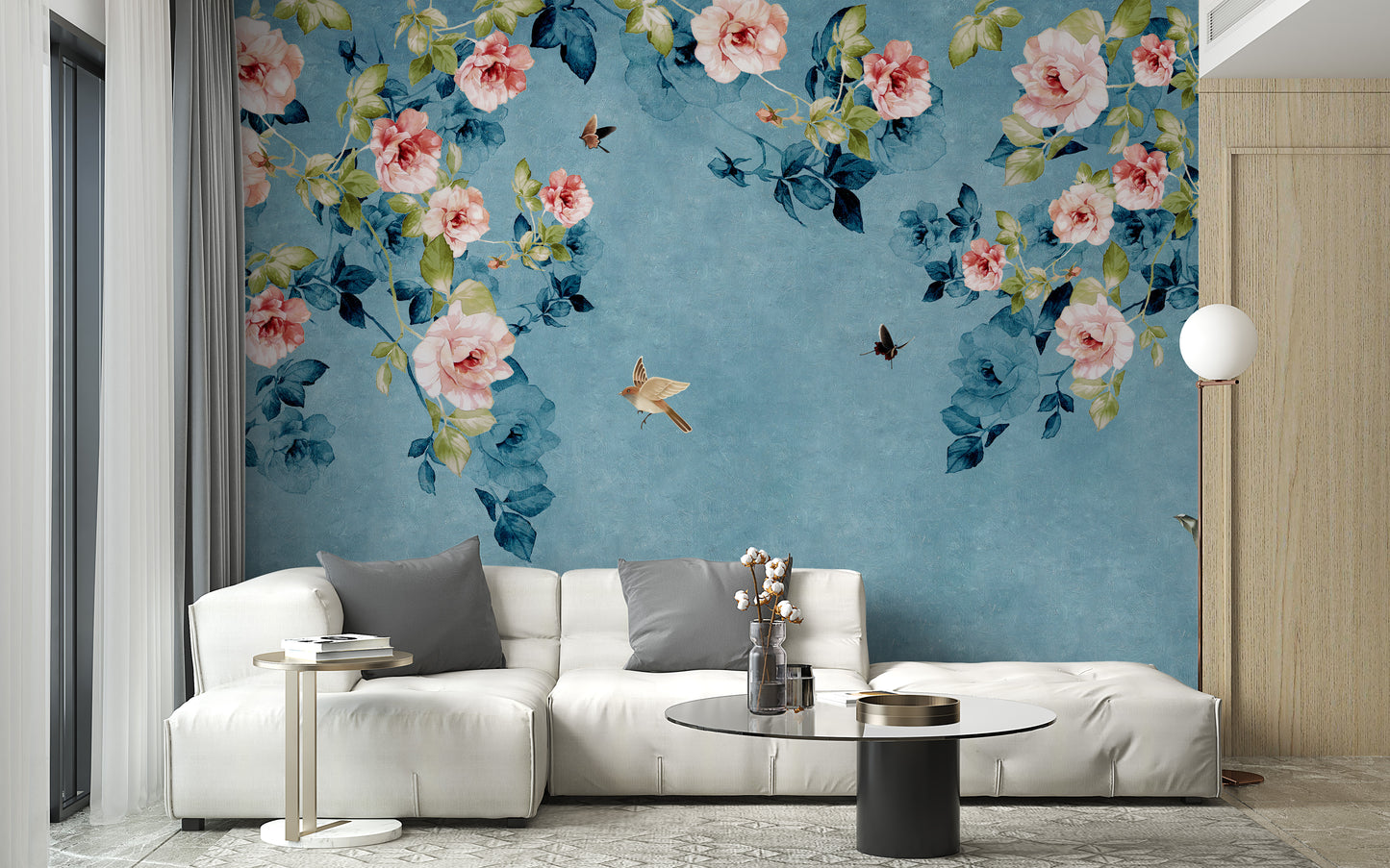 Watercolor Pink Roses on Blue-Green Wallpaper