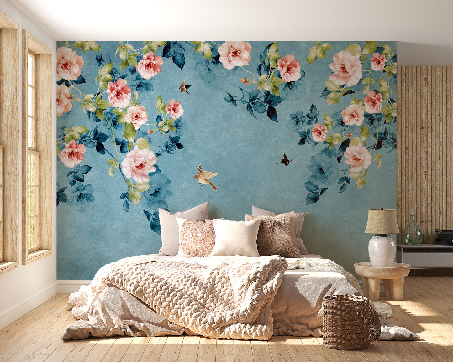 Watercolor Pink Roses on Blue-Green Wallpaper