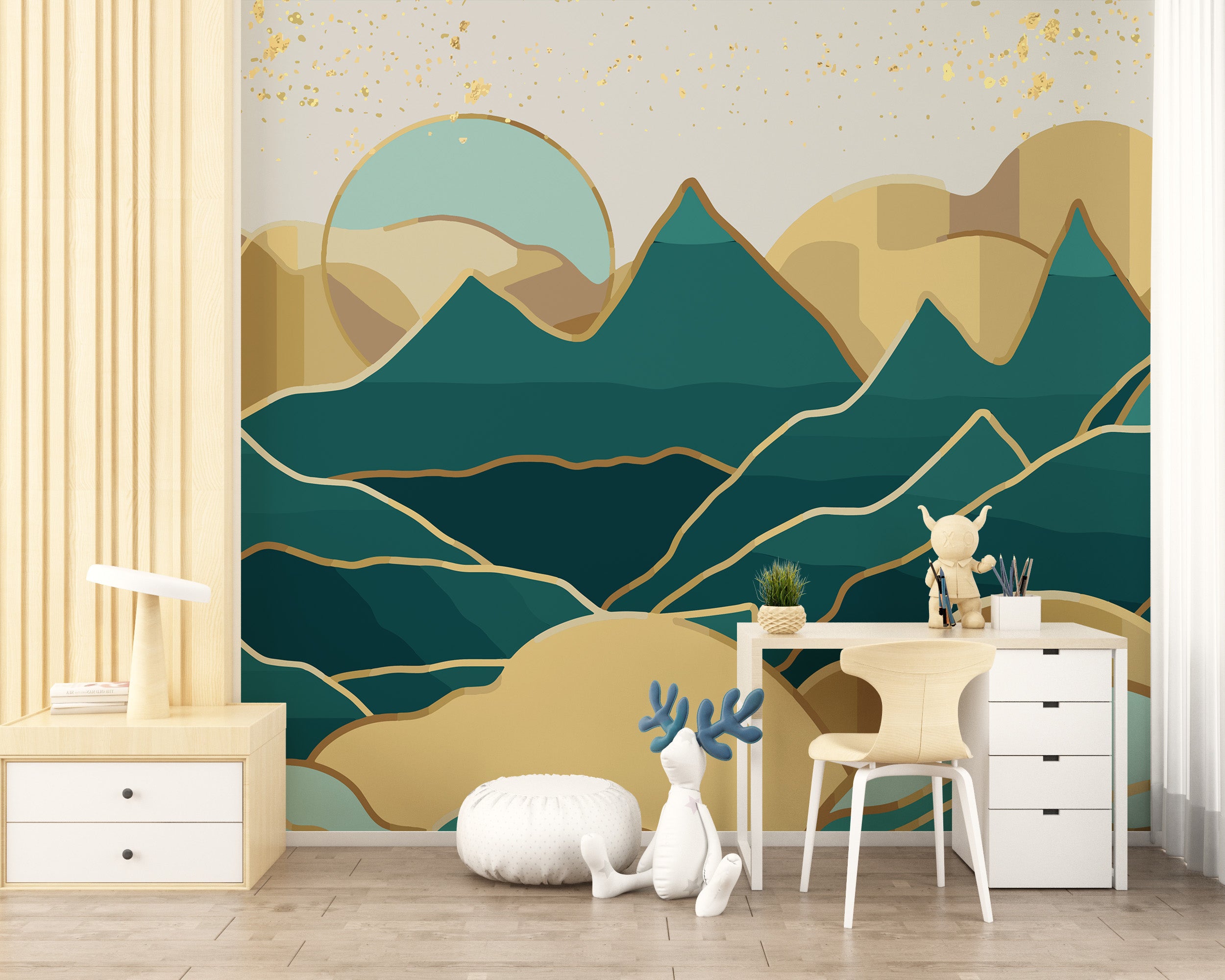 Handmade 3D mount wallpaper mural in golden green