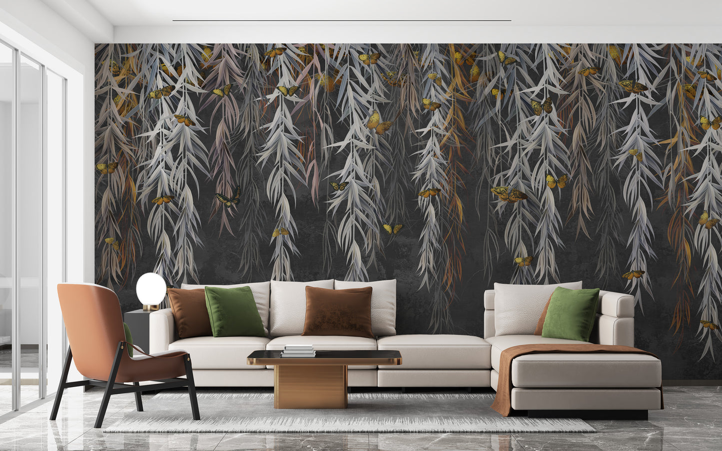 Hanging willow leaves and butterflies wallpaper mural