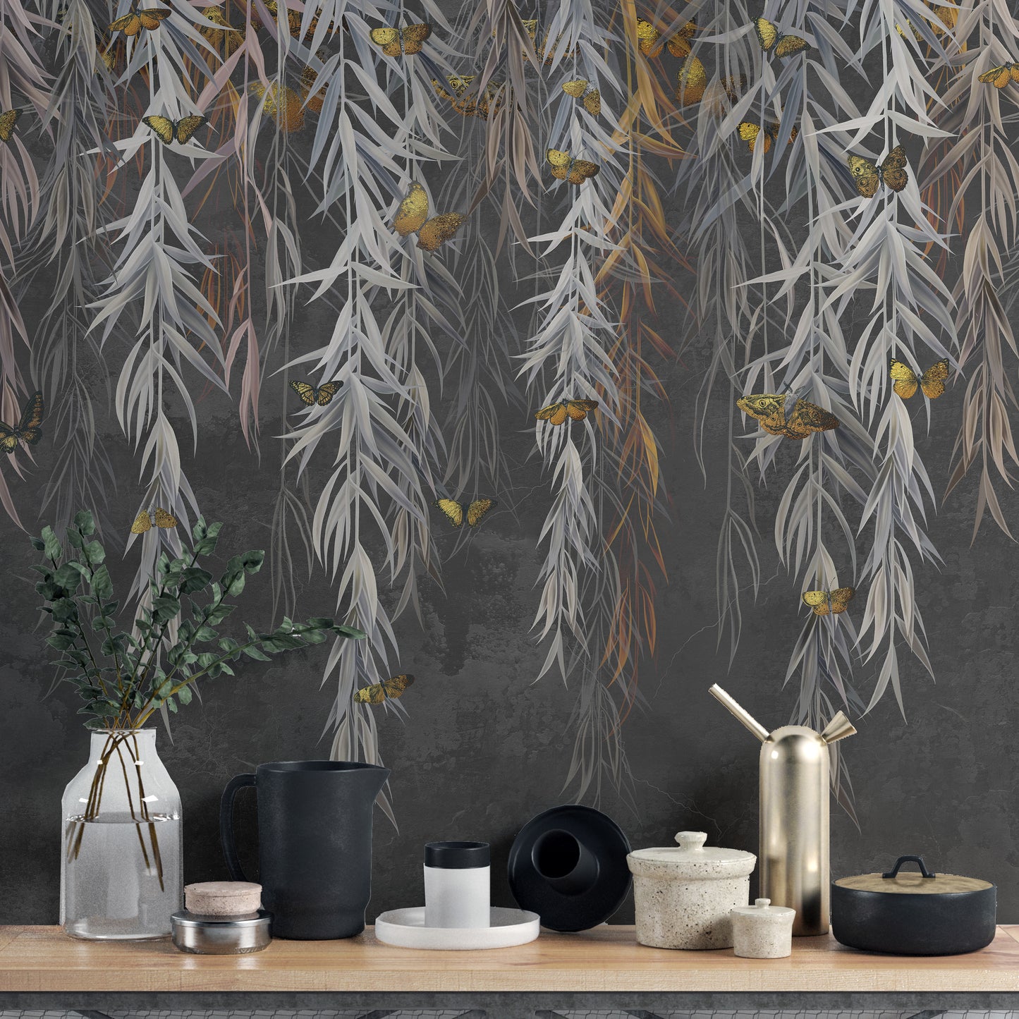 Hanging Willow Leaves and Butterflies Wallpaper Mural