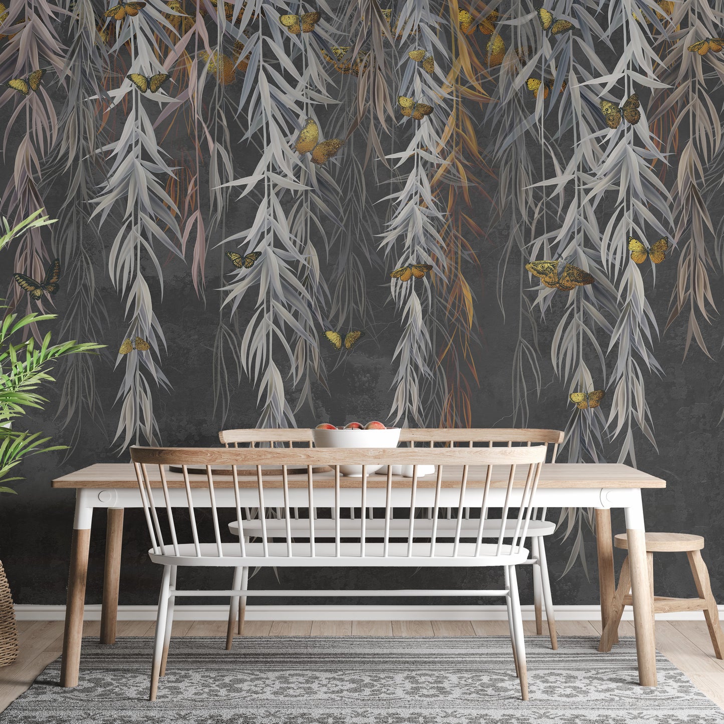 Hanging Willow Leaves and Butterflies Wallpaper Mural